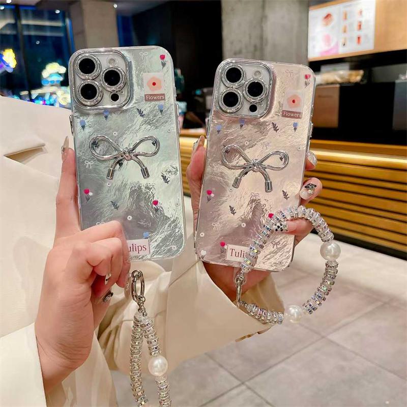 Korea Flower Bracelet 3D Silver Bowknot Case For Iphone 16 15 14 13 12 11 Pro XS Max Plus Girl Clear Cover Epoxy Shell