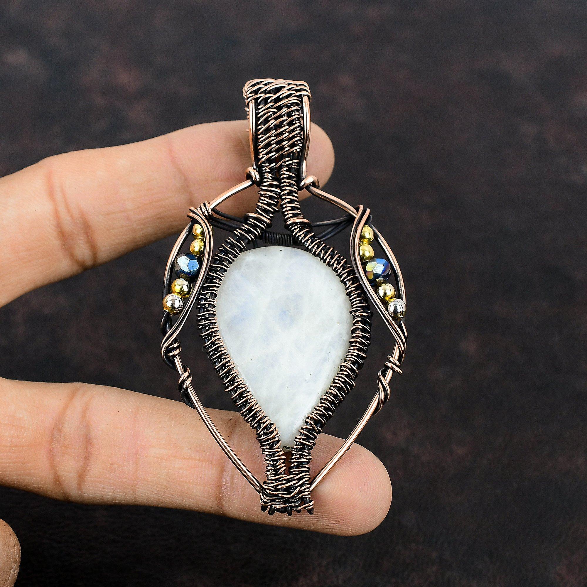 Подвеска Rainbow Moonstone, подвеска из медной проволоки, подвеска из драгоценных камней, подвеска ручной работы из титановых бусин, подвеска в подарок маме, ювелирные изделия из медной проволоки
