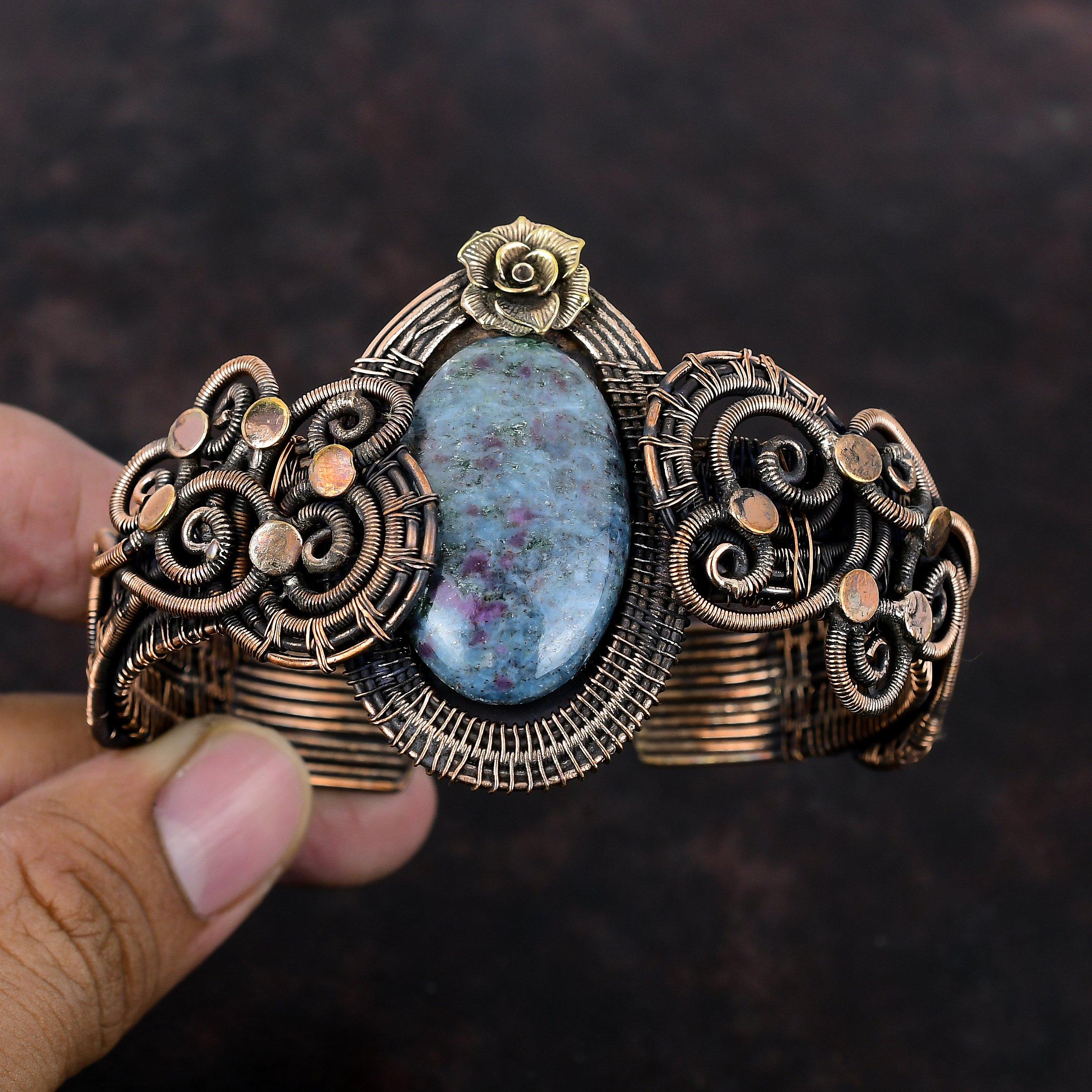 Ruby In Blue Kyanite Bangle Copper Wire Wrapped Cuff Bracelet Handmade Gemstone Jewelry Adjustable Cuff Bracelet Flower Jewelry Gift For Him