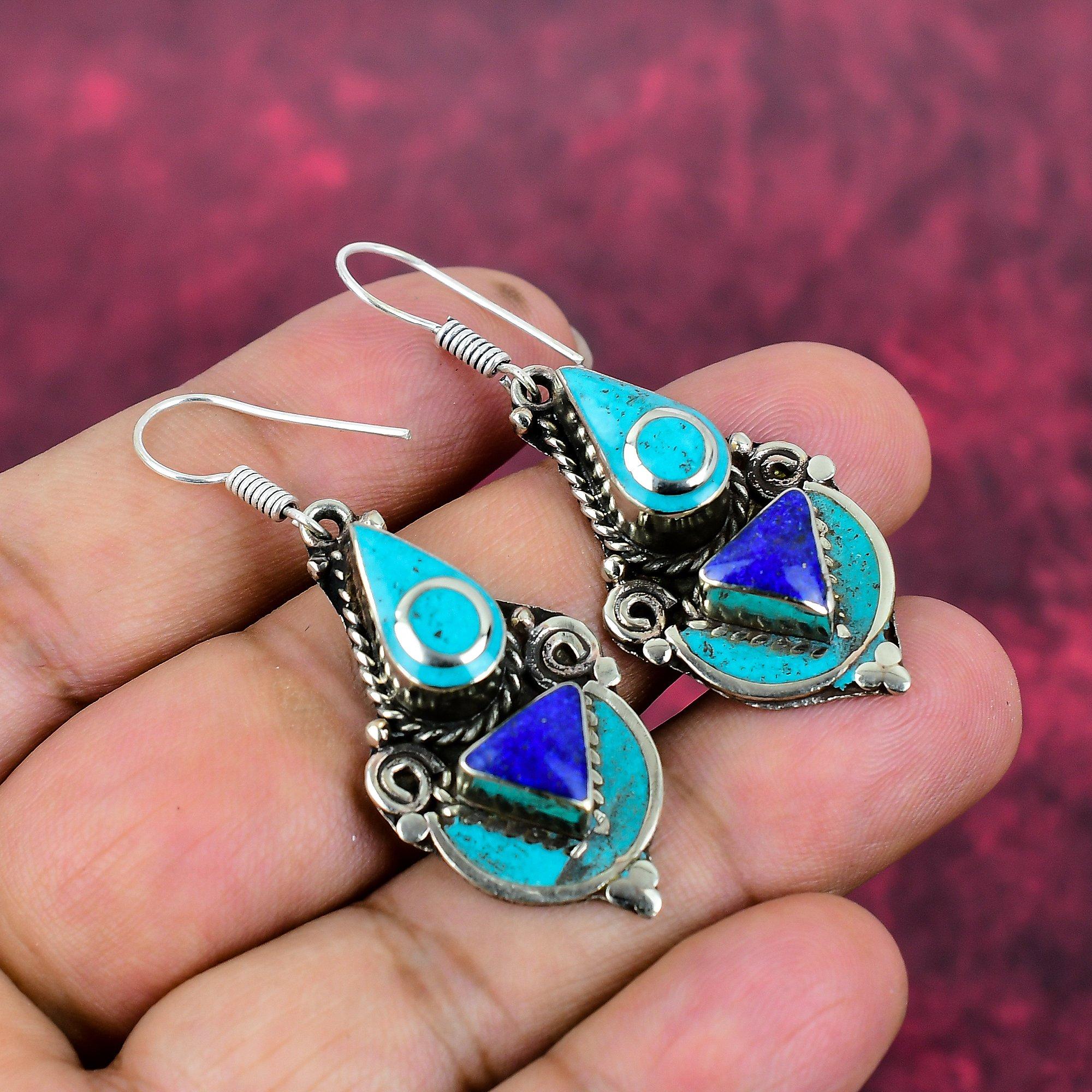 Turquoise, Lapis Lazuli Earrings Gemstone Jewelry, 925 Solid Sterling Silver Earrings, Handmade Earrings Gift For Birthday Jewelry