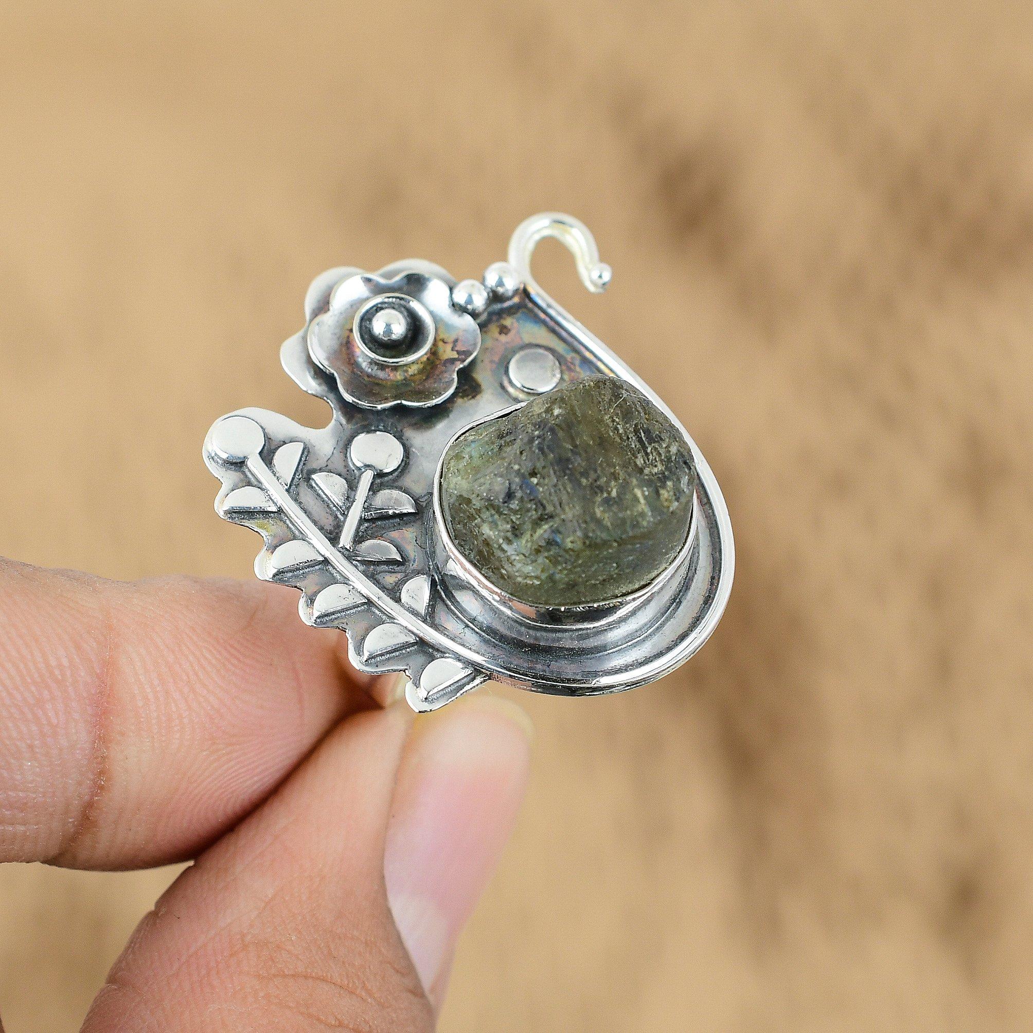 Натуральный Лабрадорит Необработанный Цветок Обещания Регулируемое Кольцо Серебро 925 Пробы Для Женщин