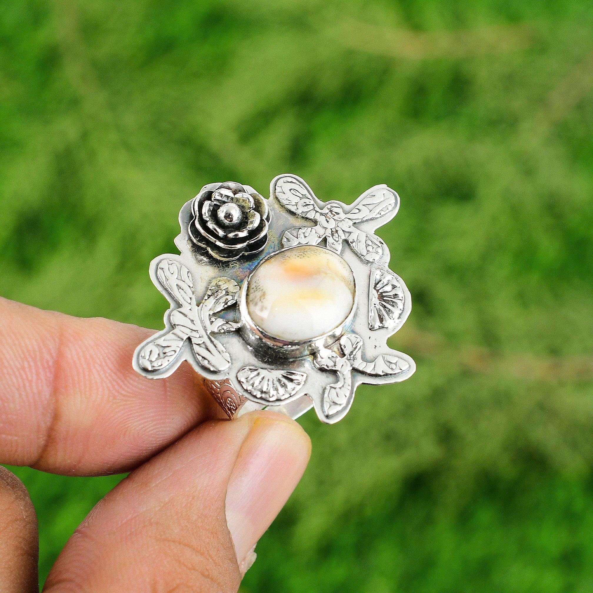 Shiva Eye Shell Gemstone Boho Stackable Flower Ring Jewelry 925 Sterling Silver