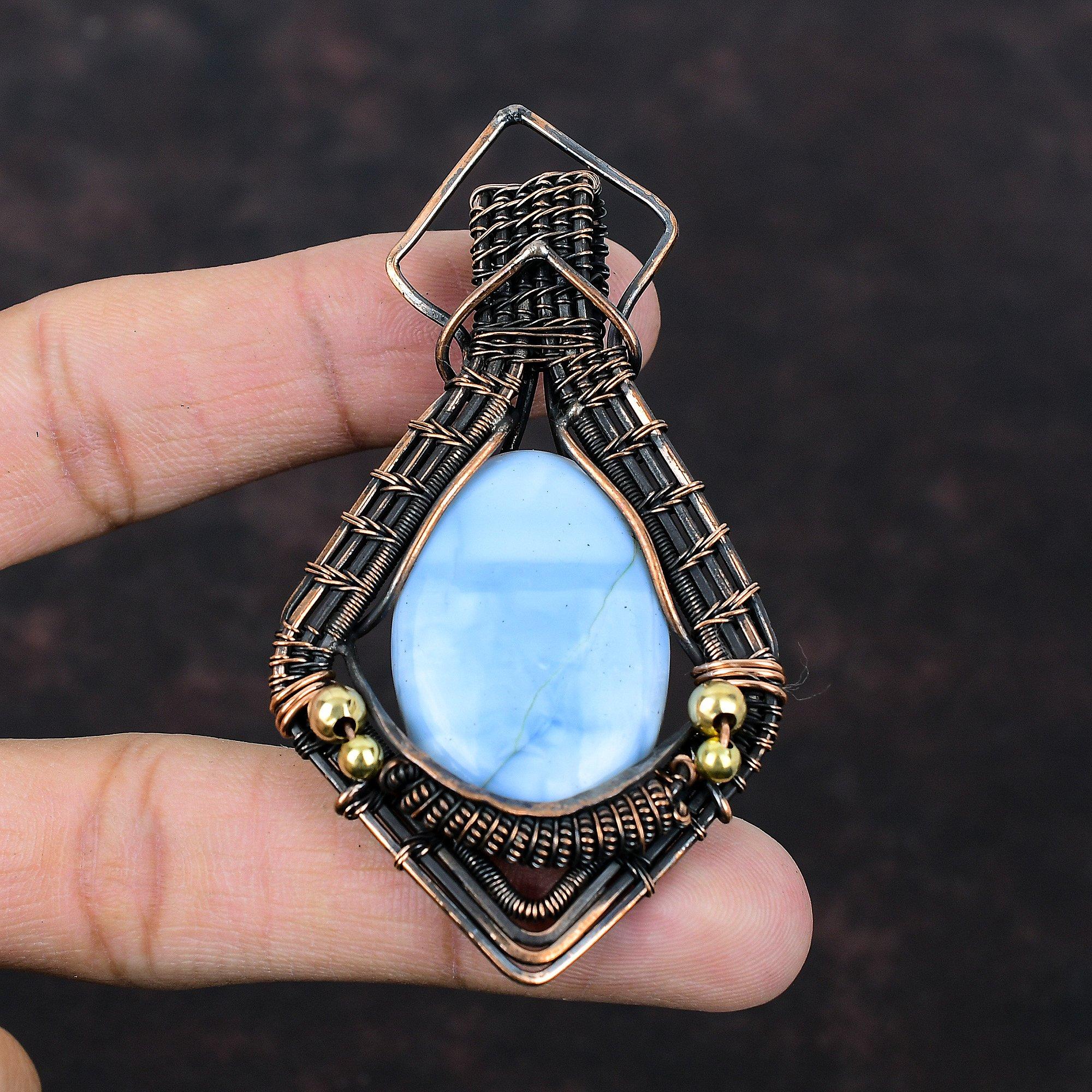 Подвеска Owyhee Blue Opal, подвеска с медной проволокой, высококачественные ювелирные изделия с драгоценными камнями, подвеска ручной работы, обмотанная медной проволокой, подарок для женщин
