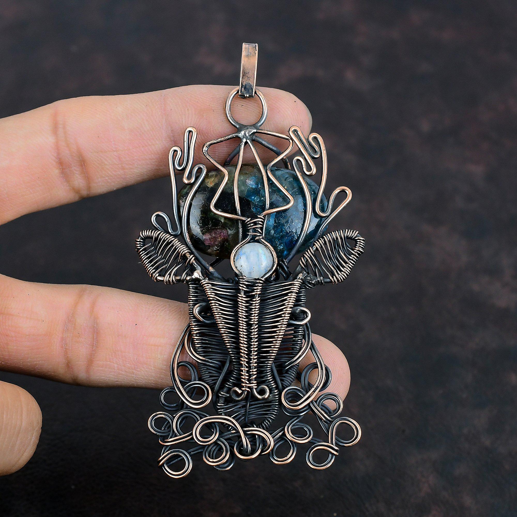 Кулон с арбузом и турмалином, медная проволока, кулон, ювелирные изделия ручной работы, ювелирные изделия из драгоценных камней, Радужный кулон с лунным камнем, кулон с лицом оленя, подарок для мамы