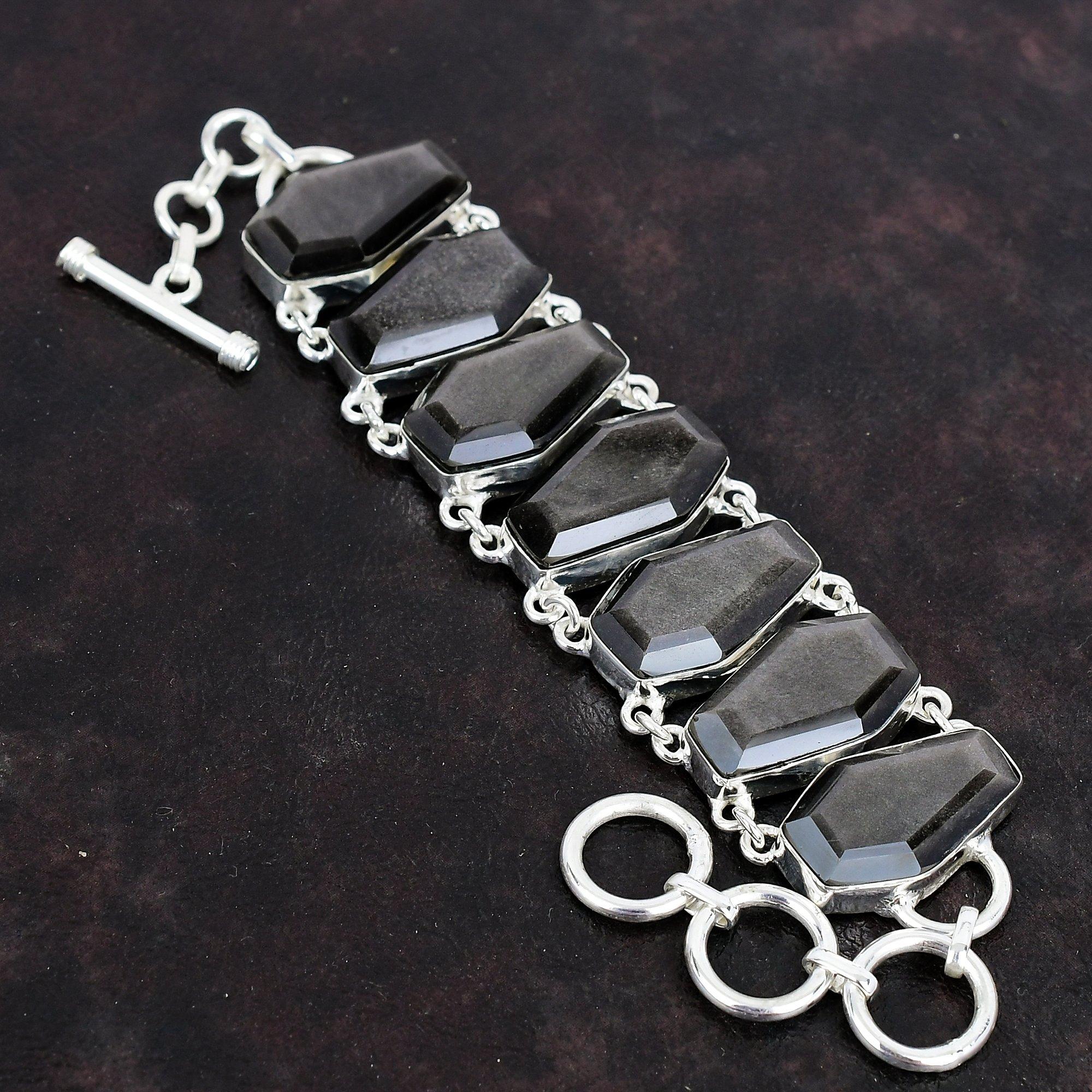 Браслет из граненого серебряного обсидиана с драгоценными камнями, браслет из стерлингового серебра 925 пробы, регулируемый браслет-цепочка, браслет ручной работы для подарков