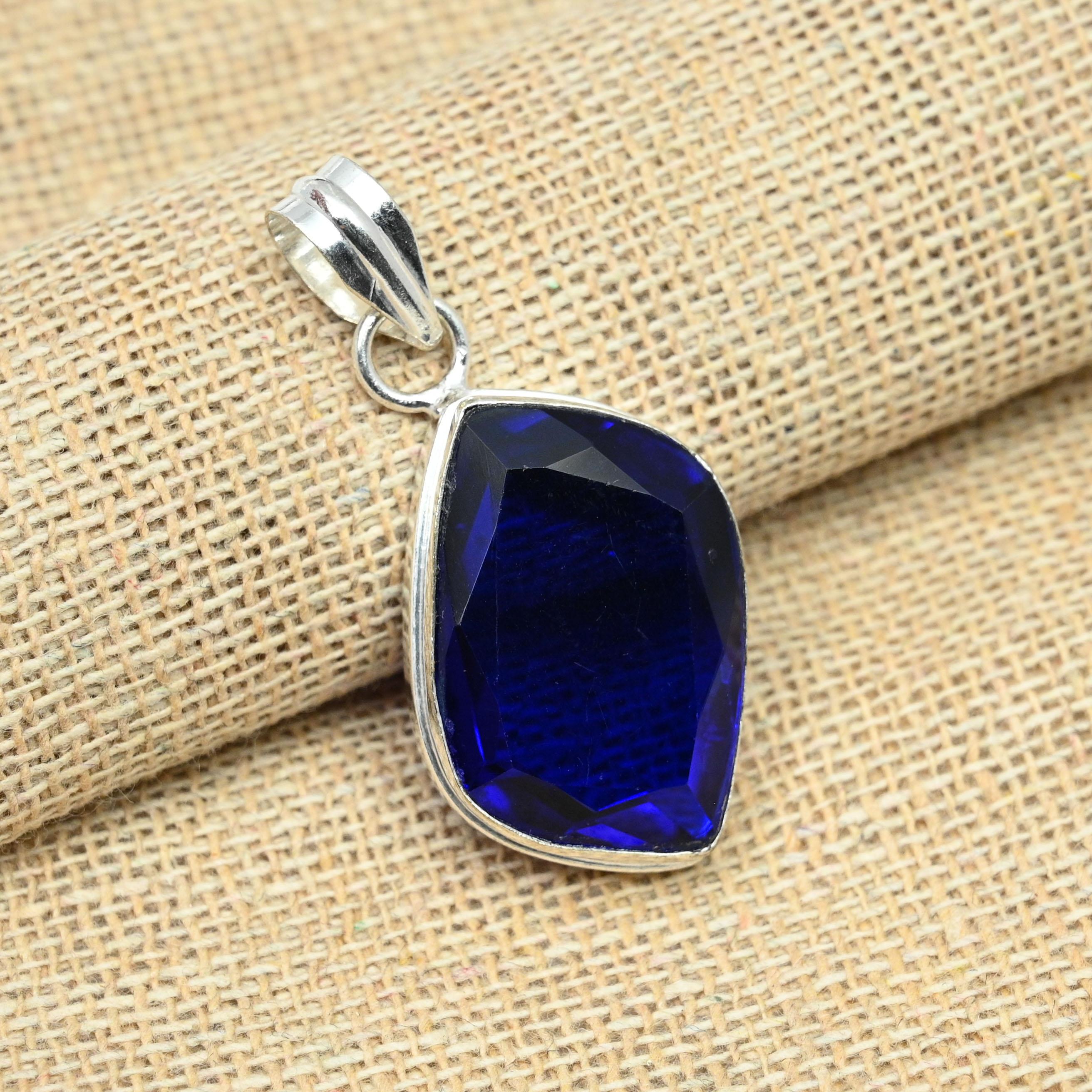 Solid 925 Sterling Silver Blue Sapphire Lab-Created Handmade Jewelry Christmas Gift Pendant