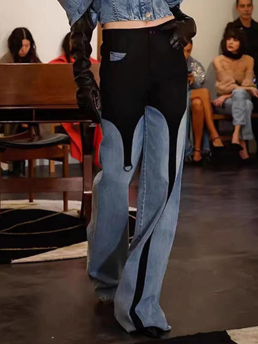 Весенняя мода, повседневный стиль, контрастная строчка, дизайн, нестандартные прямые джинсы, женские брюки с высокой талией