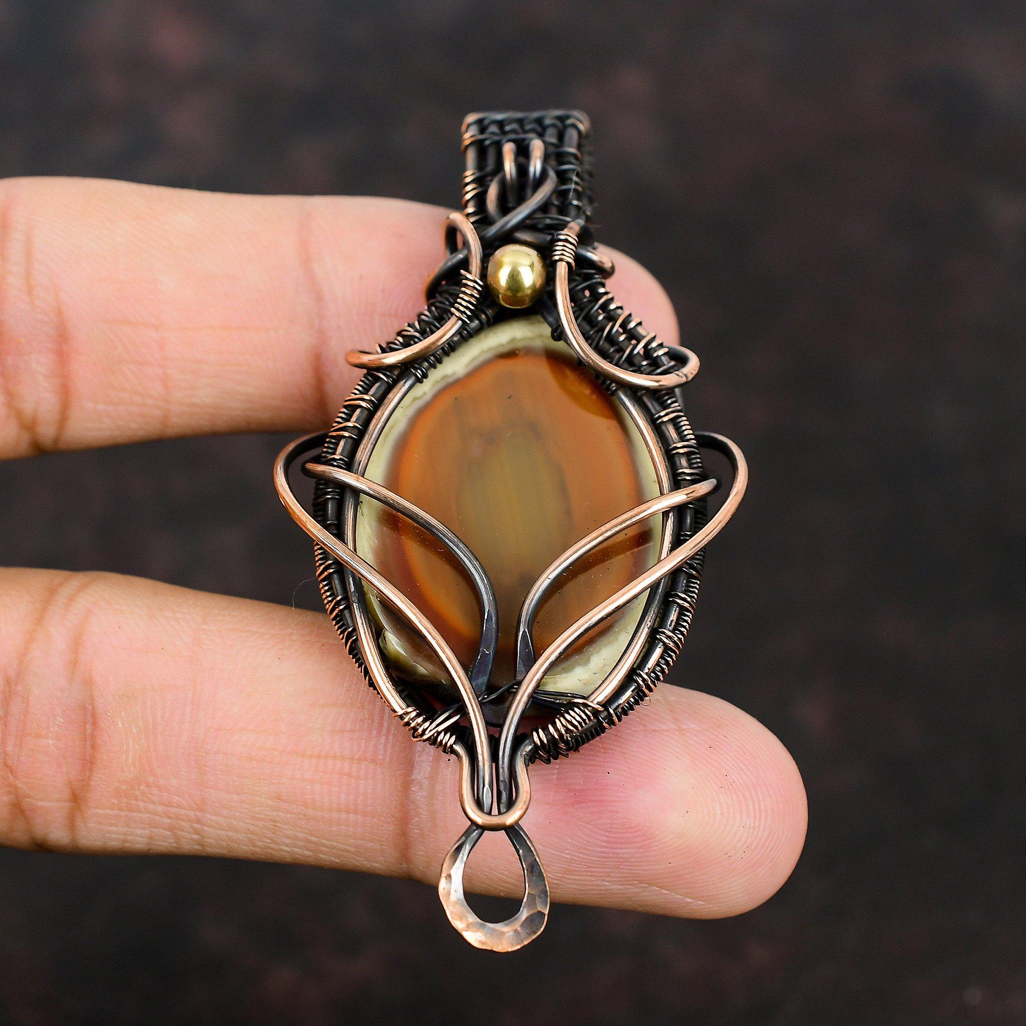 Императорский драгоценный камень яшма, обернутый медной проволокой, медные украшения, медная проволока, ювелирные изделия ручной работы для женщин, дизайнерский кулон, подарок для нее