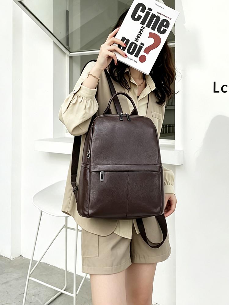 Zency Women's Backpack Genuine Leather Solid Color Travel Rucksack