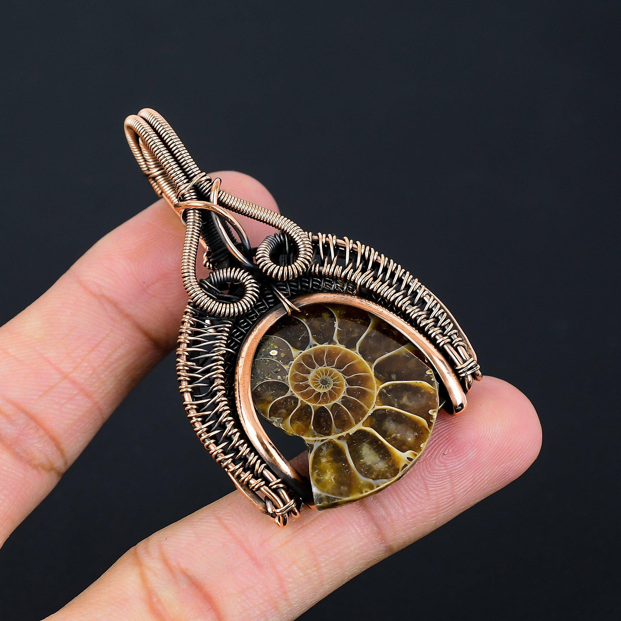 Amazing Ammonite Fossil Gemstone Handmade Pure Copper Wire Wrapped Pendant Jewelry