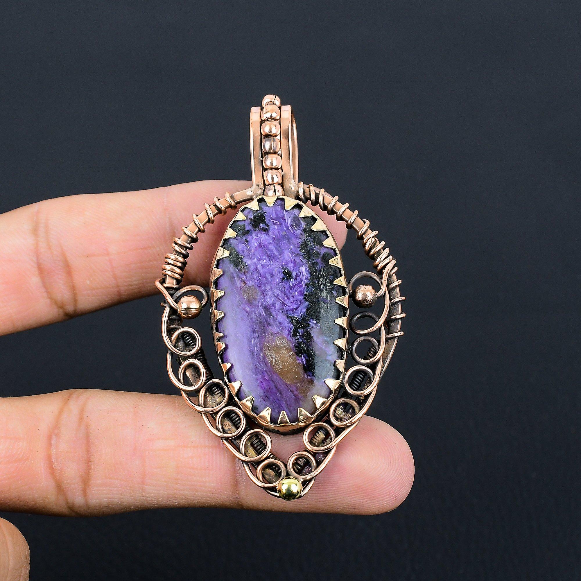 Драгоценный камень чароит ручной работы из чистой медной проволоки, завернутый в подвеску, ювелирное изделие на День памяти