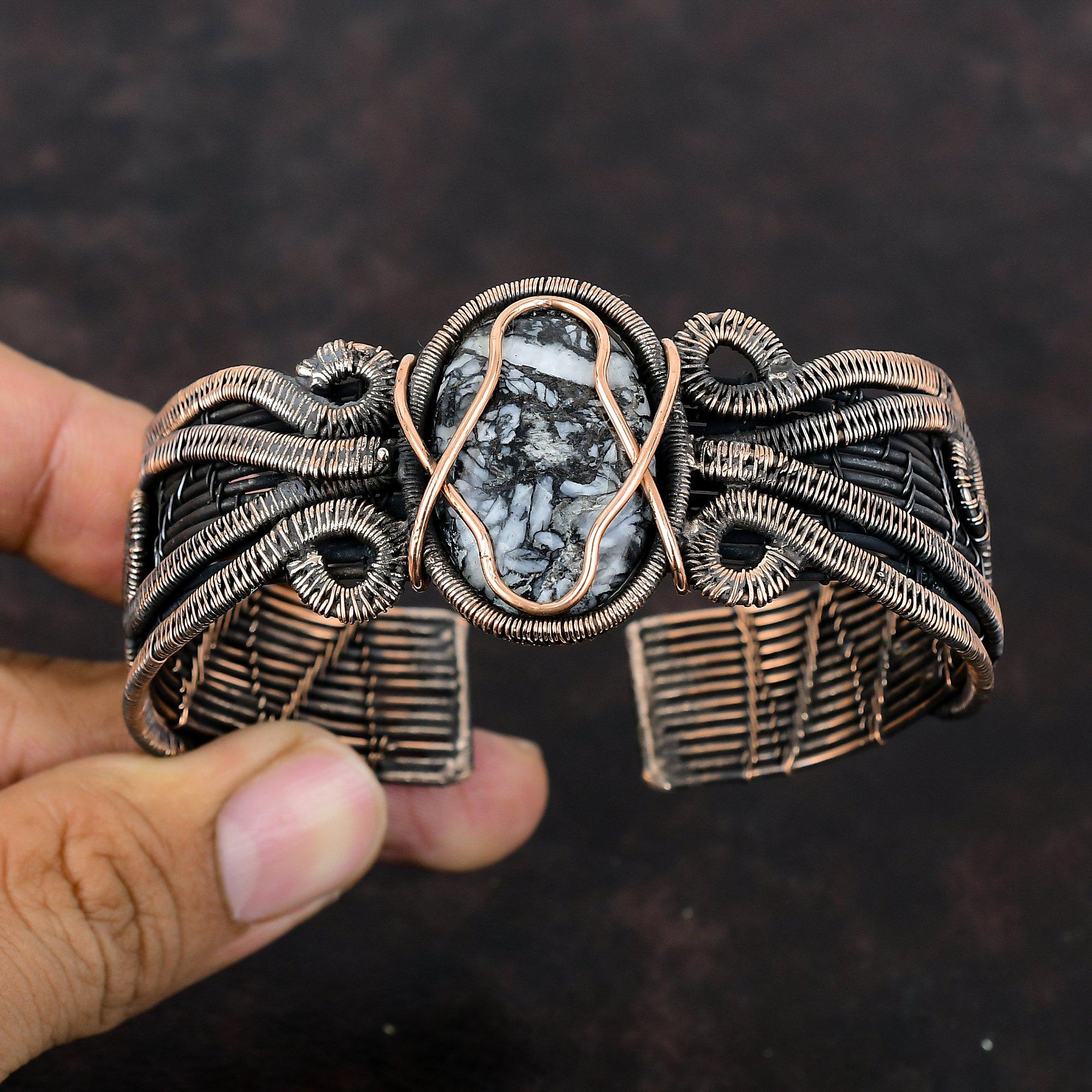 Браслет из пинолита с яшмой, медная проволока, браслет-манжета, регулируемый браслет, ювелирные изделия ручной работы, браслет с драгоценными камнями, медная проволока, ювелирный подарок для нее