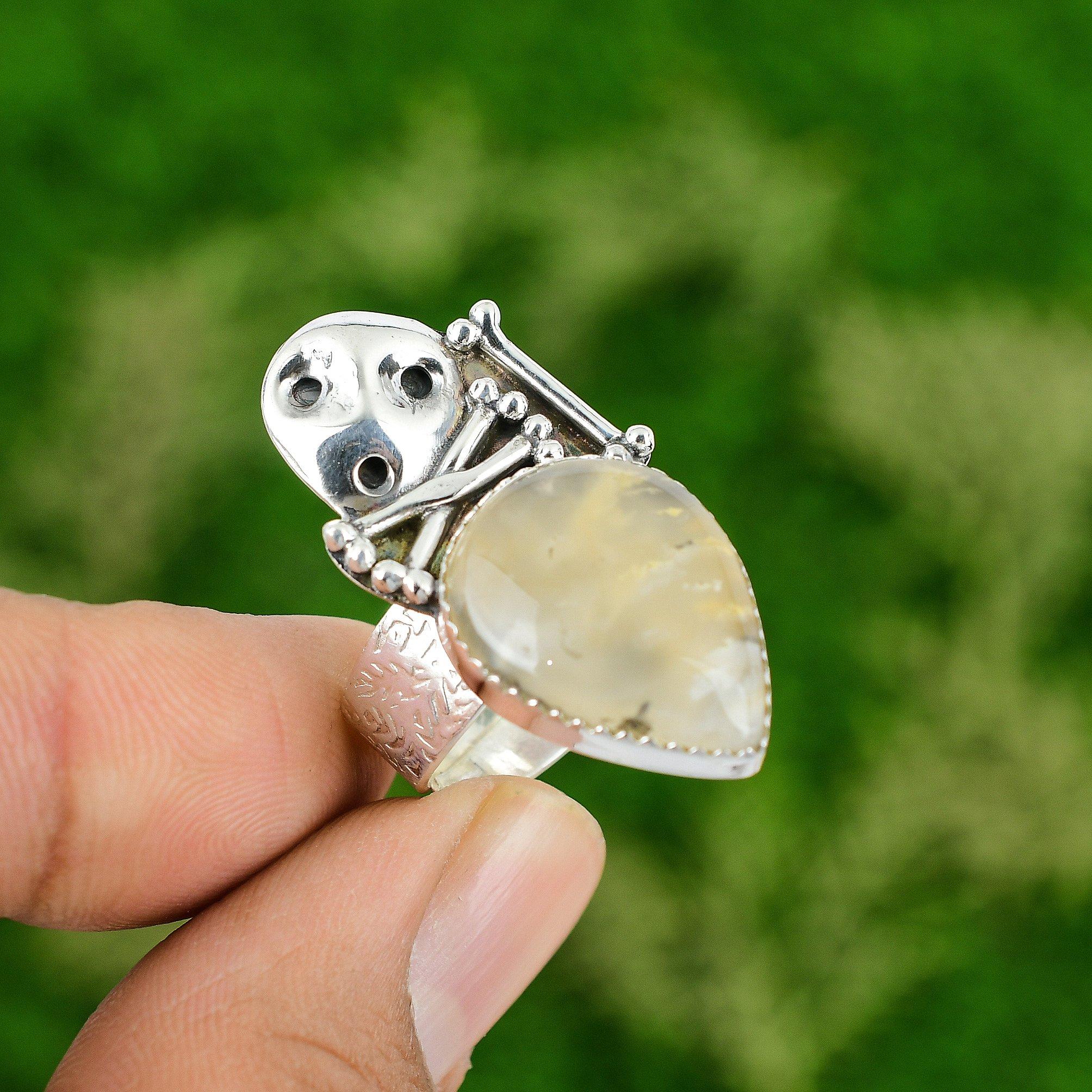 925 Silver Natural Plume Agate Promise Skull And Bone Adjustable Ring