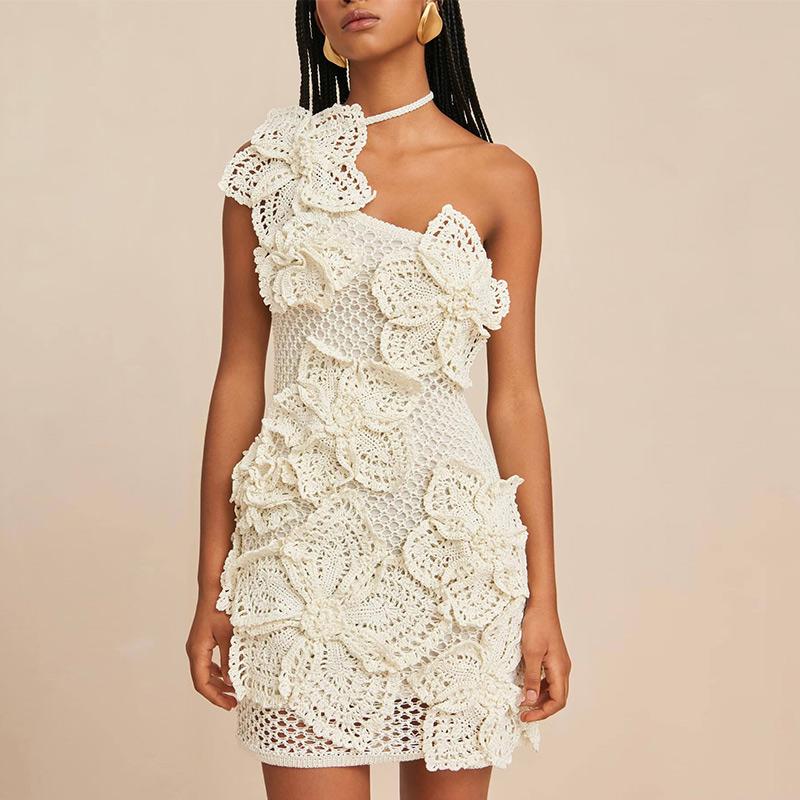 Knit Hollow Hanging Neck Dress Crochet Embroidery 3D Flower Creative Design Women Slim Sexy Backless Lace Up Short Dress Sweet Knit Dress New Fashion