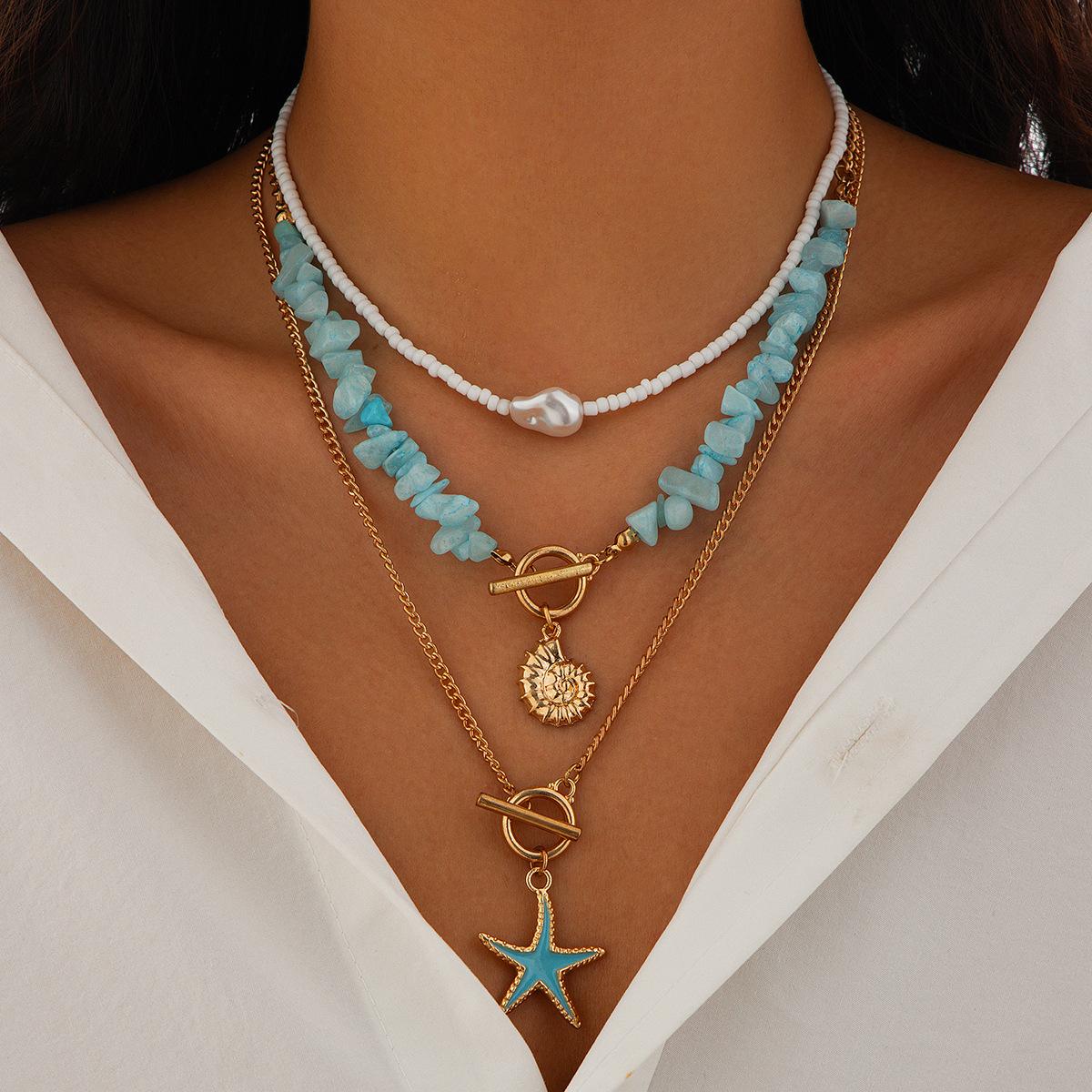 3Pcs/Set Irregular Blue Stone Chain Necklace Women Boho Conch Starfish Pendant Y2K Jewelry Beads Choker