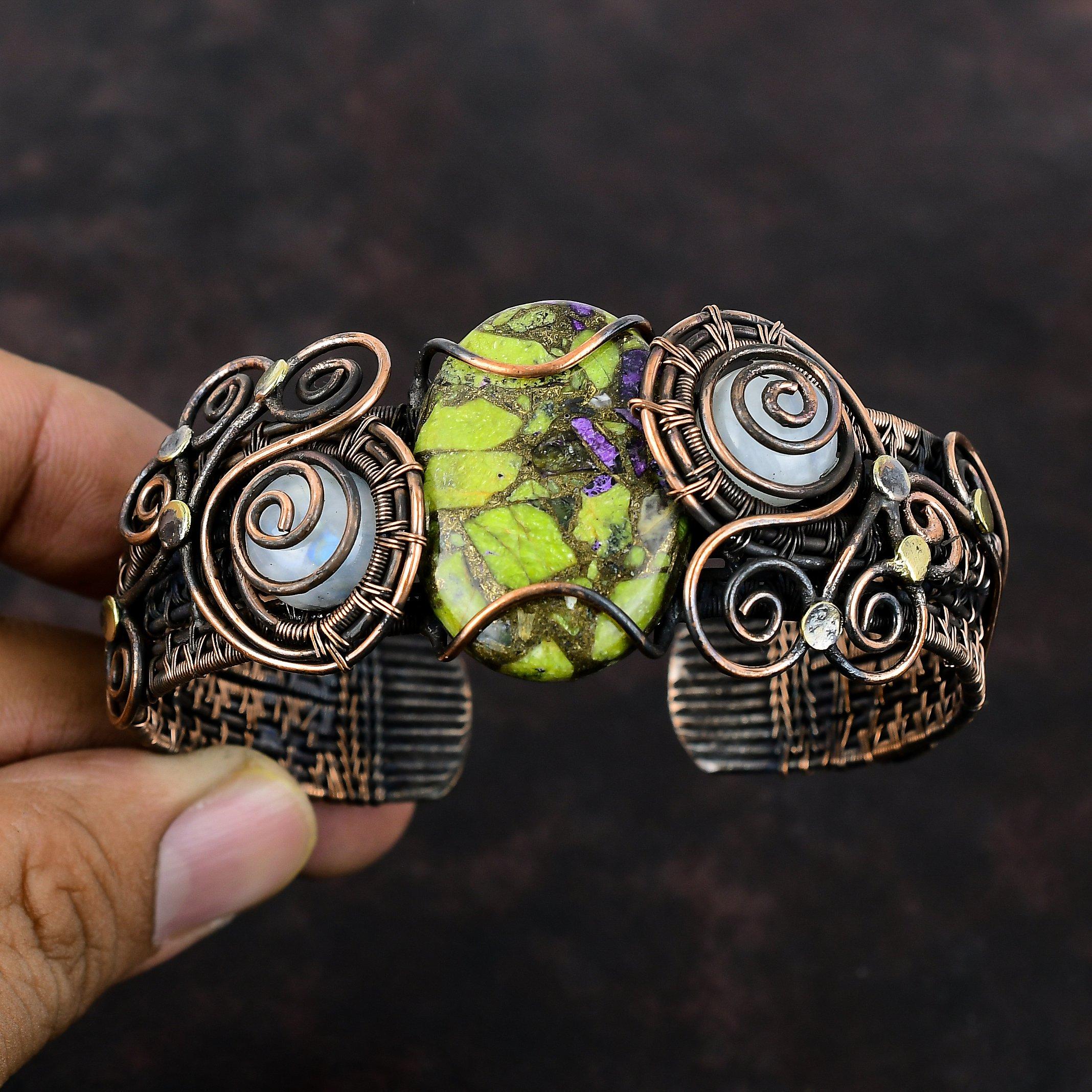 Медный браслет-манжета из стихтита, браслет-манжета с радужным лунным камнем, медная проволока, браслет-манжета с драгоценным камнем, регулируемый браслет, медные украшения ручной работы