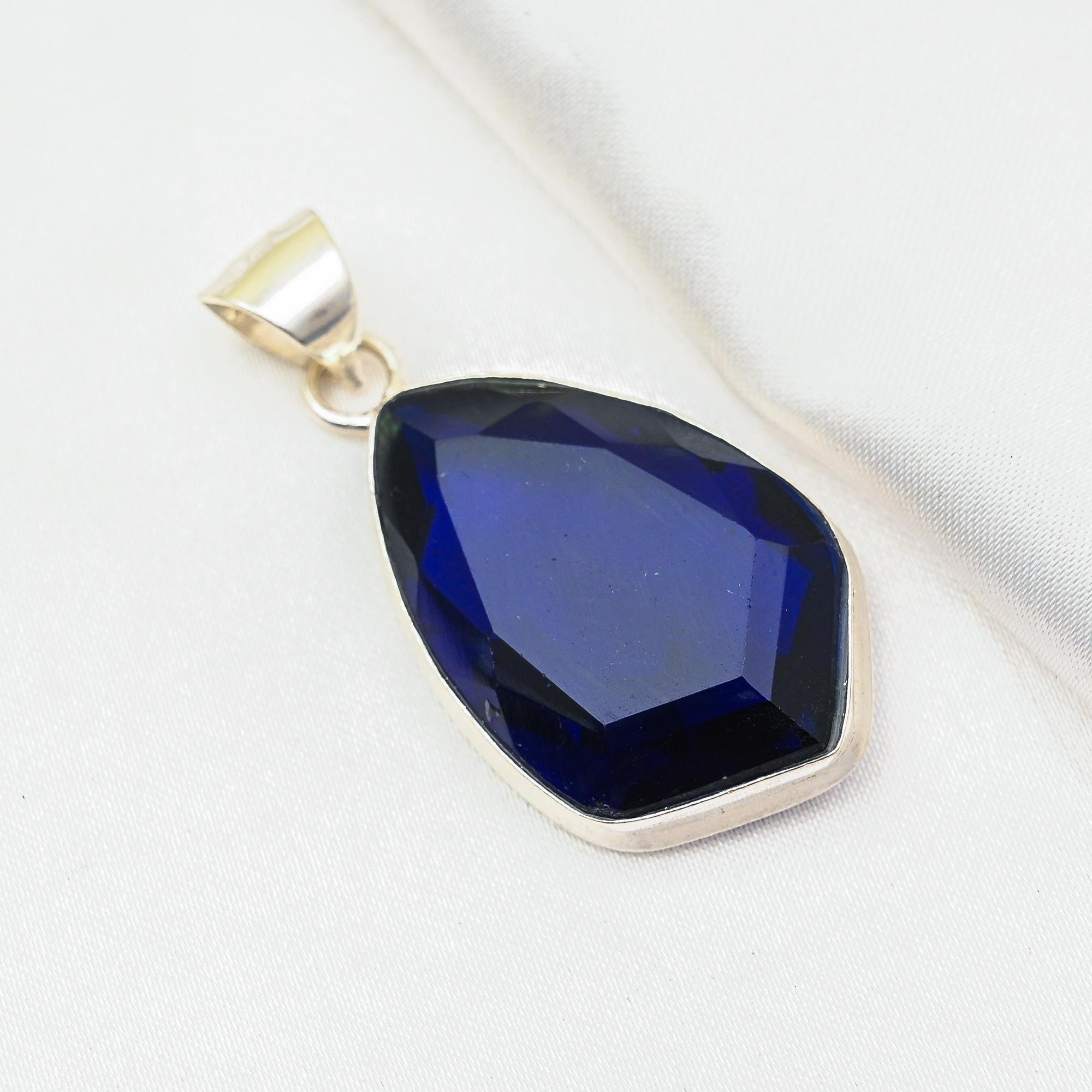 Blue Sapphire Pendant, Handmade Gemstone Pendant, 925 Solid Sterling Silver Pendant Antique Jewelry, For Engagement Gift