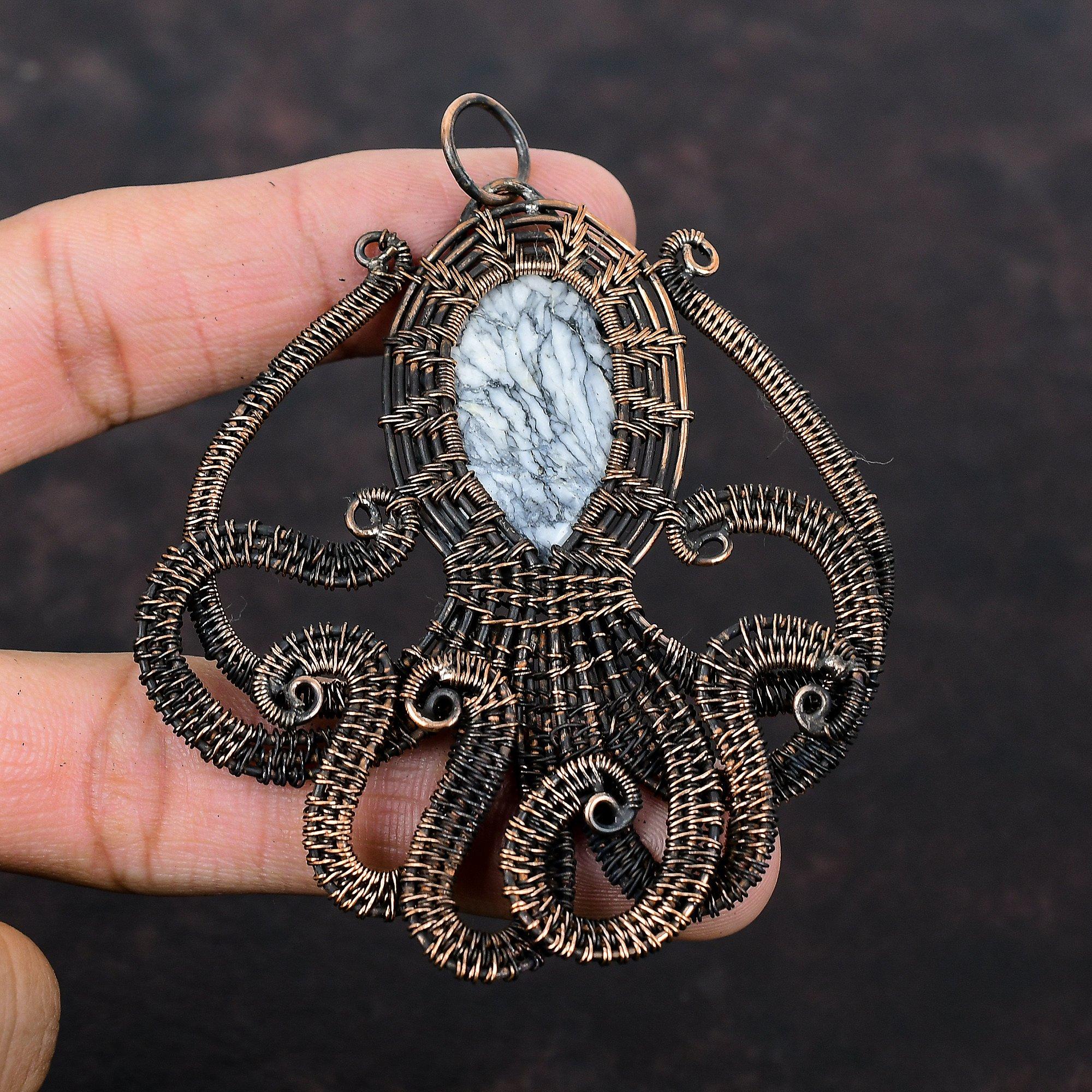 Pinolith Jasper Pendant Copper Wire Wrapped Pendant Handmade Pendant Copper Octopus Jewelry Wire Wrap Jewelry Gemstone Pendant Gift For Her