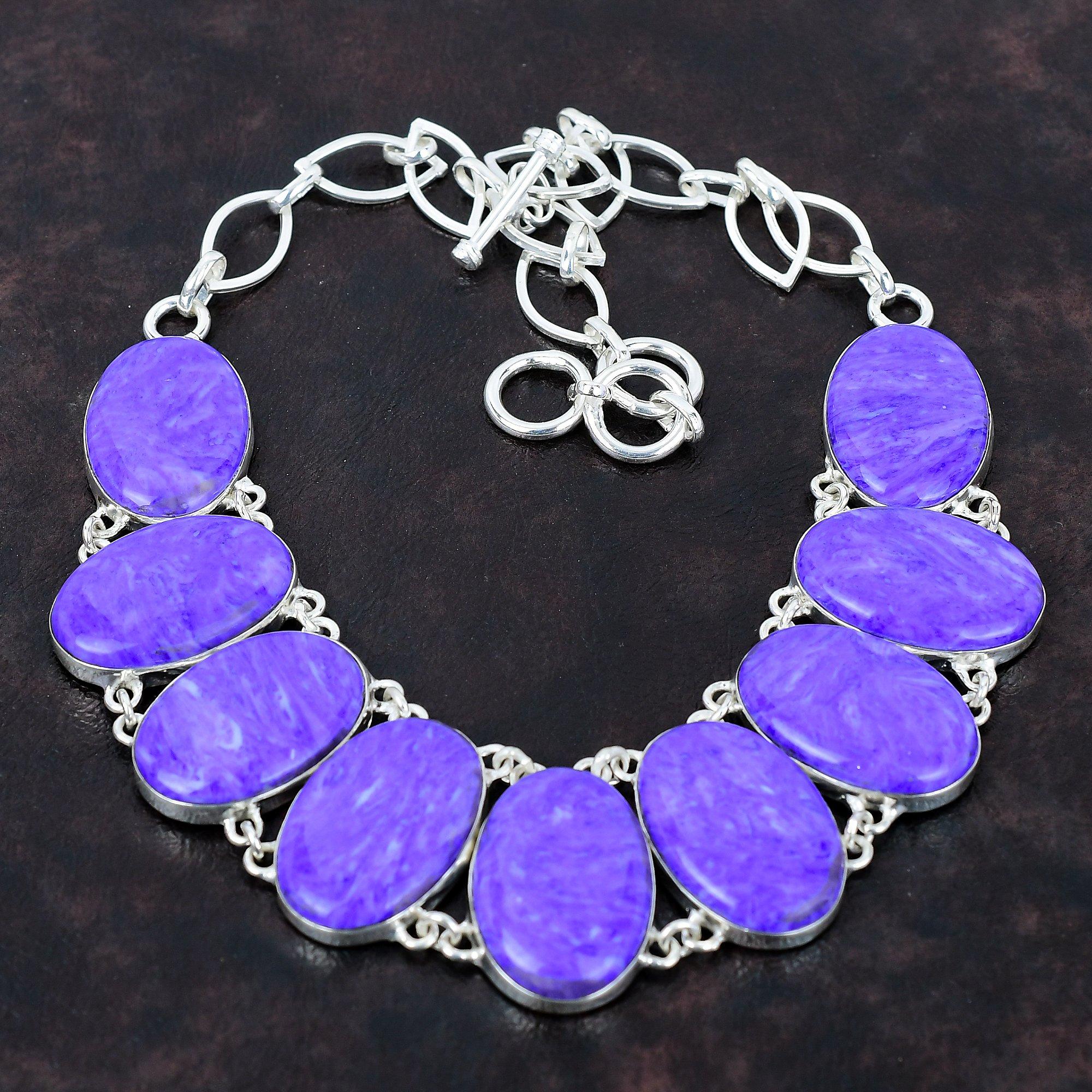 Ожерелье из драгоценного камня чароита, ожерелье из стерлингового серебра 925 пробы, регулируемое ожерелье-цепочка, серебряные украшения ручной работы, свадебный подарок, ожерелья с камнем по рождению