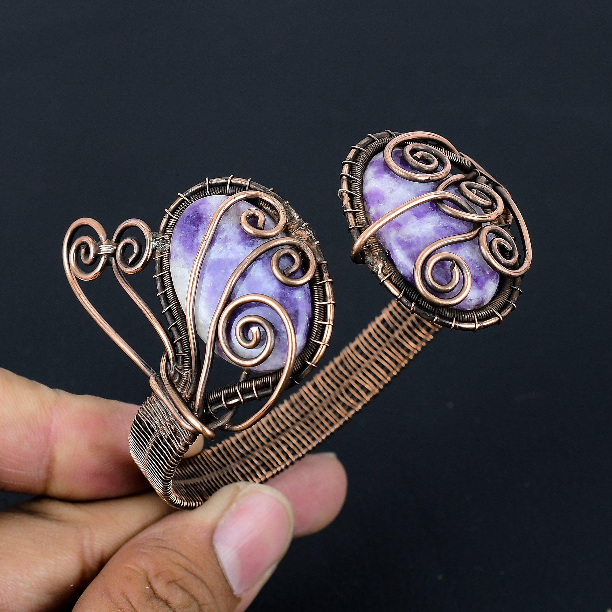 Шеврон Аметист Драгоценный камень Чистая медная проволока Обернутая манжета/браслет ручной работы Ювелирный подарок
