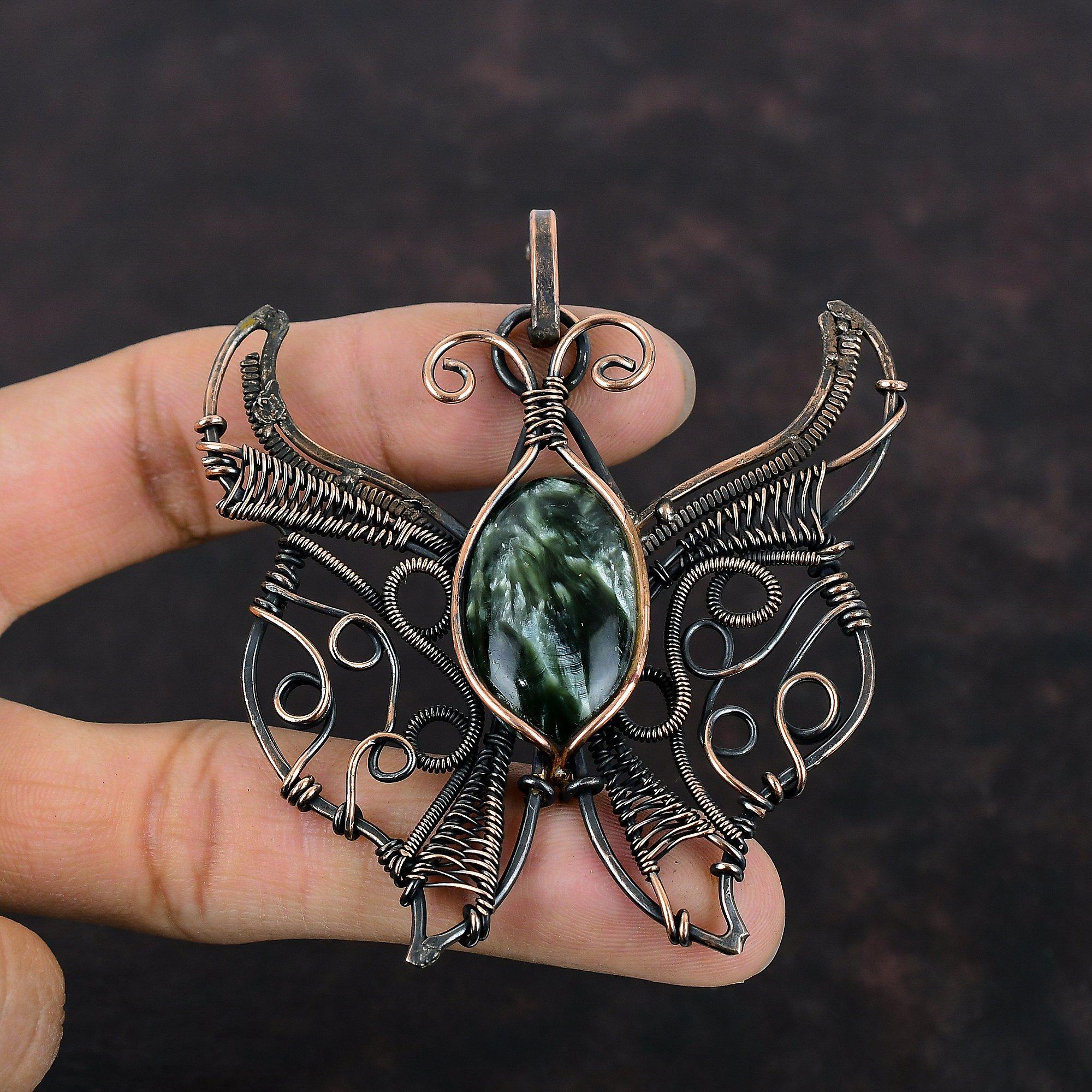 Подвеска из серафинита, медная проволочная обертка, ювелирное изделие ручной работы, кулон в виде бабочки, оригинальное ювелирное изделие из драгоценных камней, медная проволочная обертка, кулон, подарки для жены