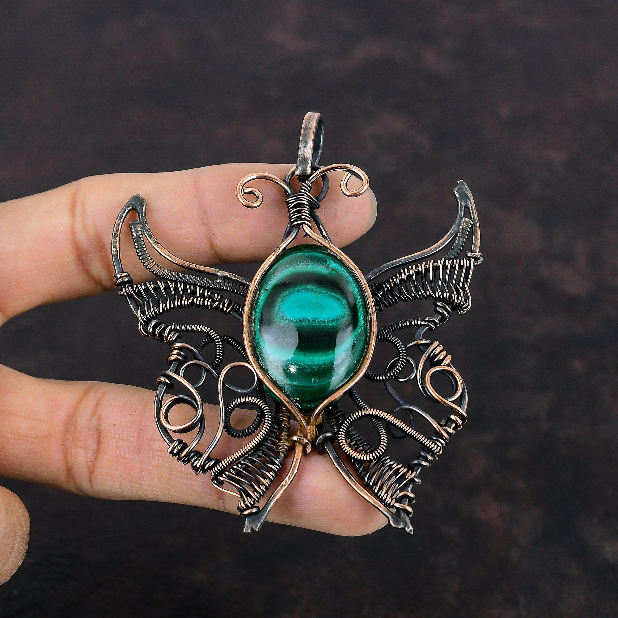 Malachite Copper Pendant Copper Wire Wrapped Jewelry Natural Gemstone Pendant Handmade Wire Wrap Pendant Butterfly Jewelry Anniversary Gifts