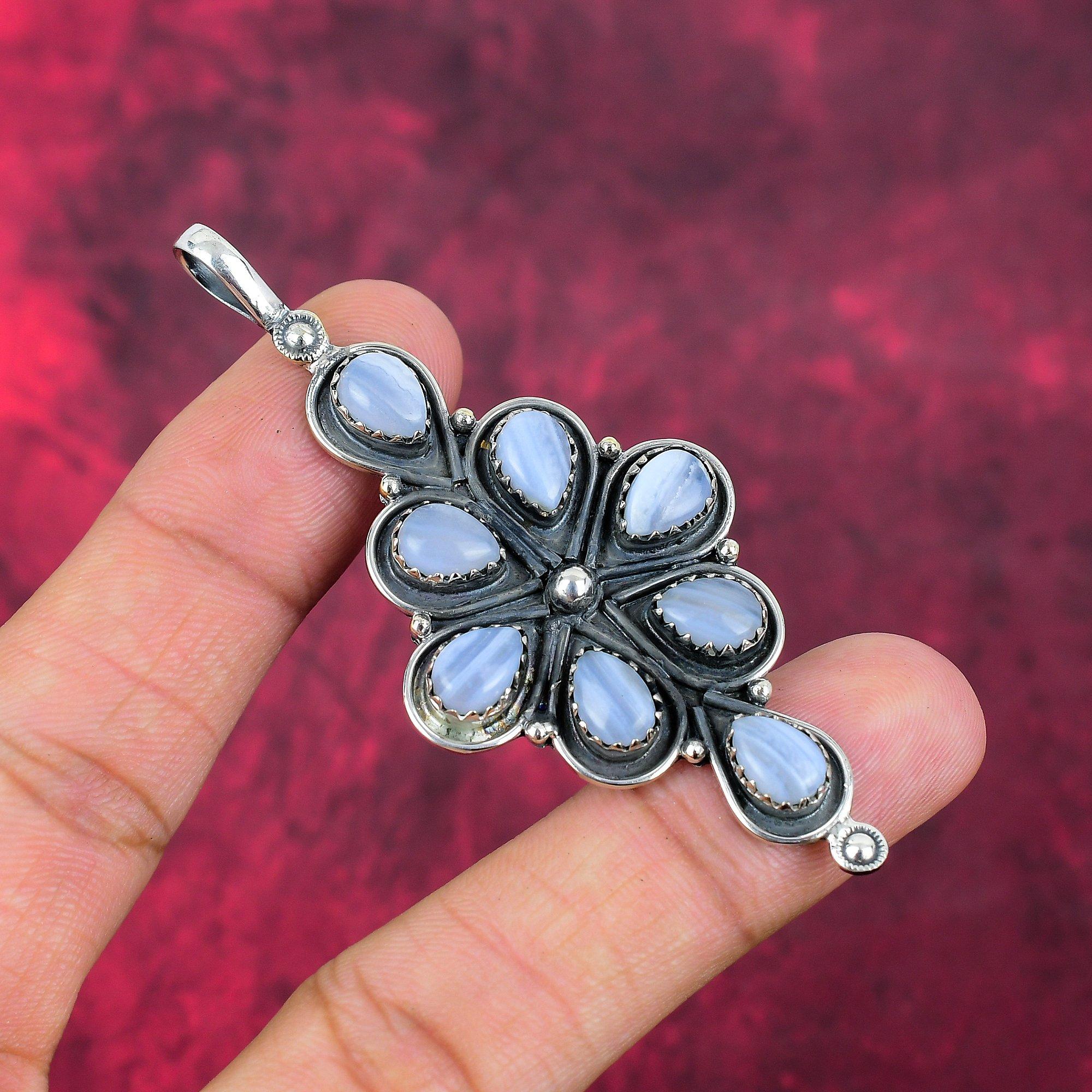 Подвеска из голубого кружевного агата, драгоценный камень ручной работы, 925 пробы, серебряный кулон, антикварная бижутерия, кулон для подарка на помолвку