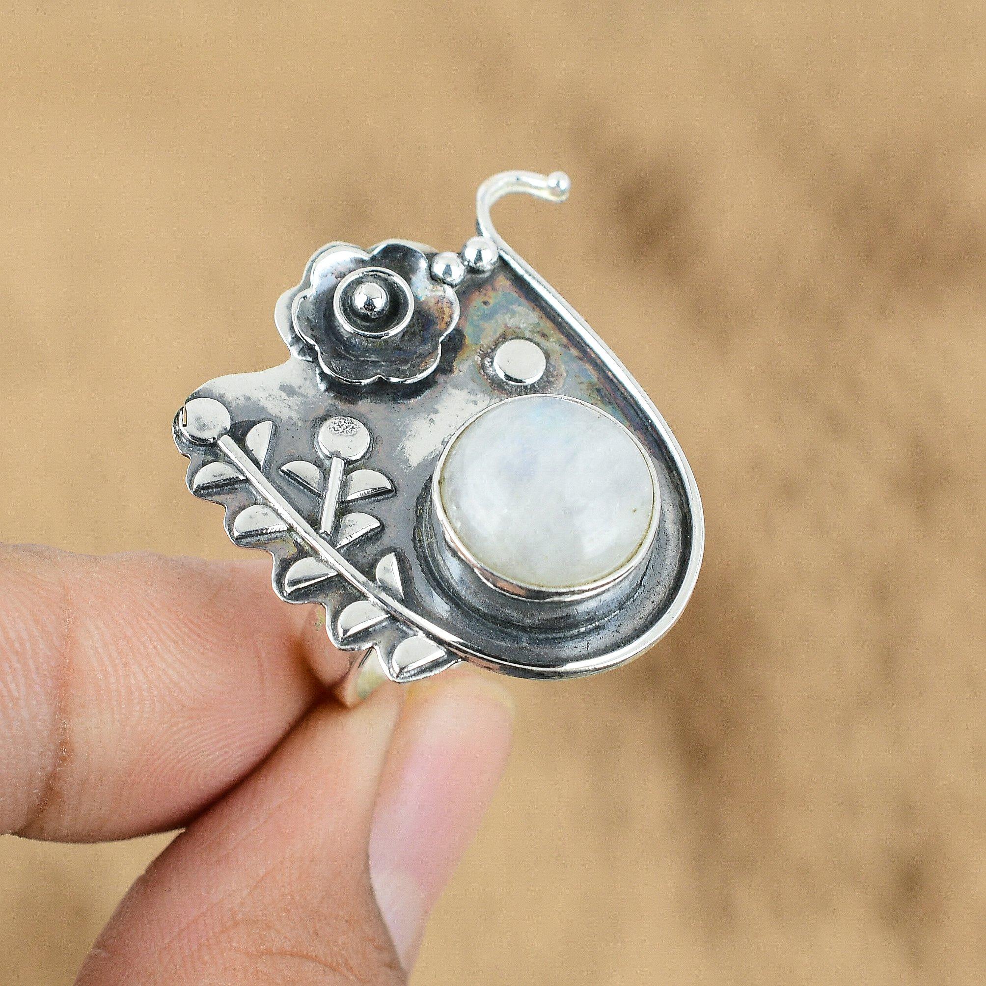 Multi Stone Flower Adjustable Ring 925 Silver Natural Rainbow Moonstone
