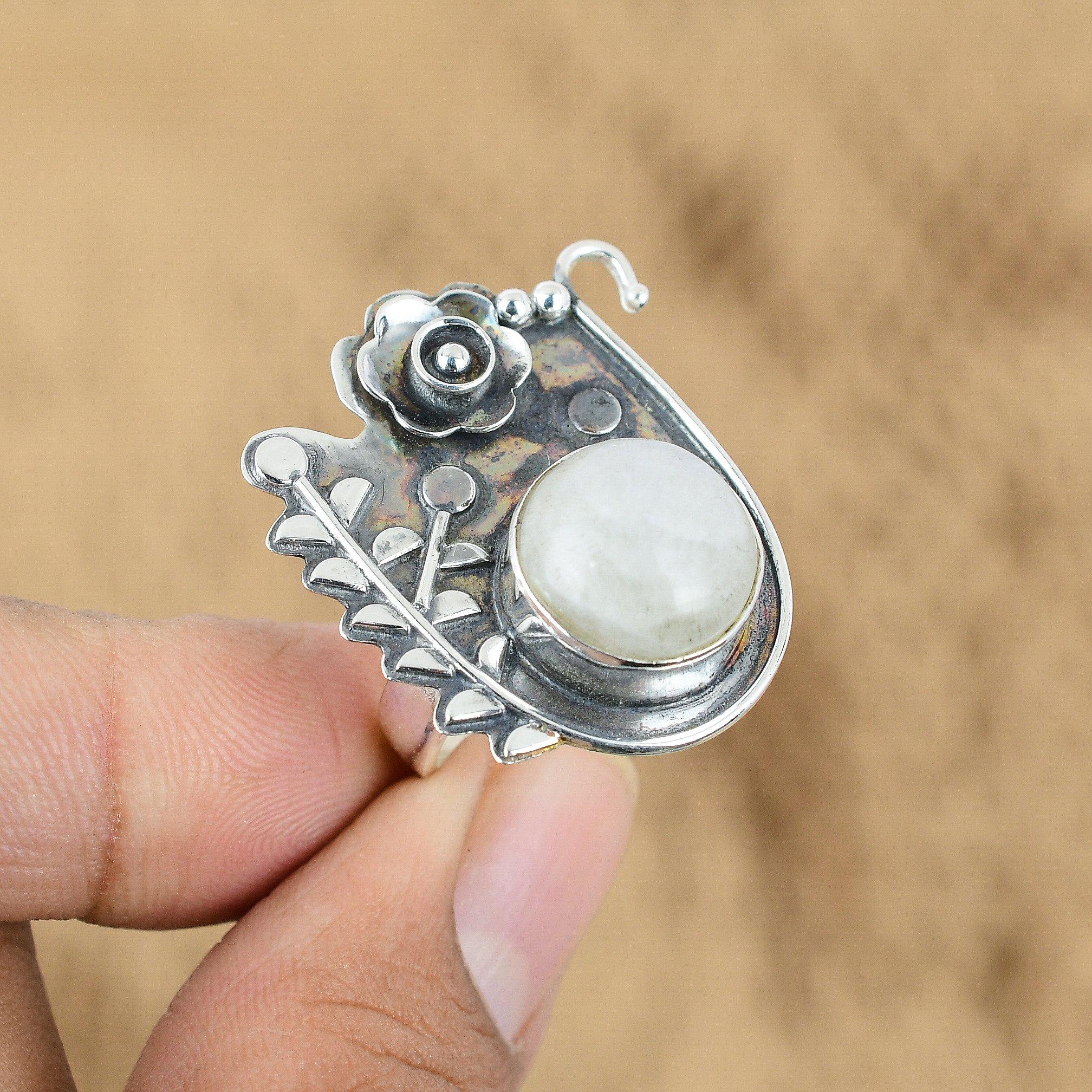 Natural Rainbow Moonstone Promise Flower Adjustable Ring 925 Silver For Girls