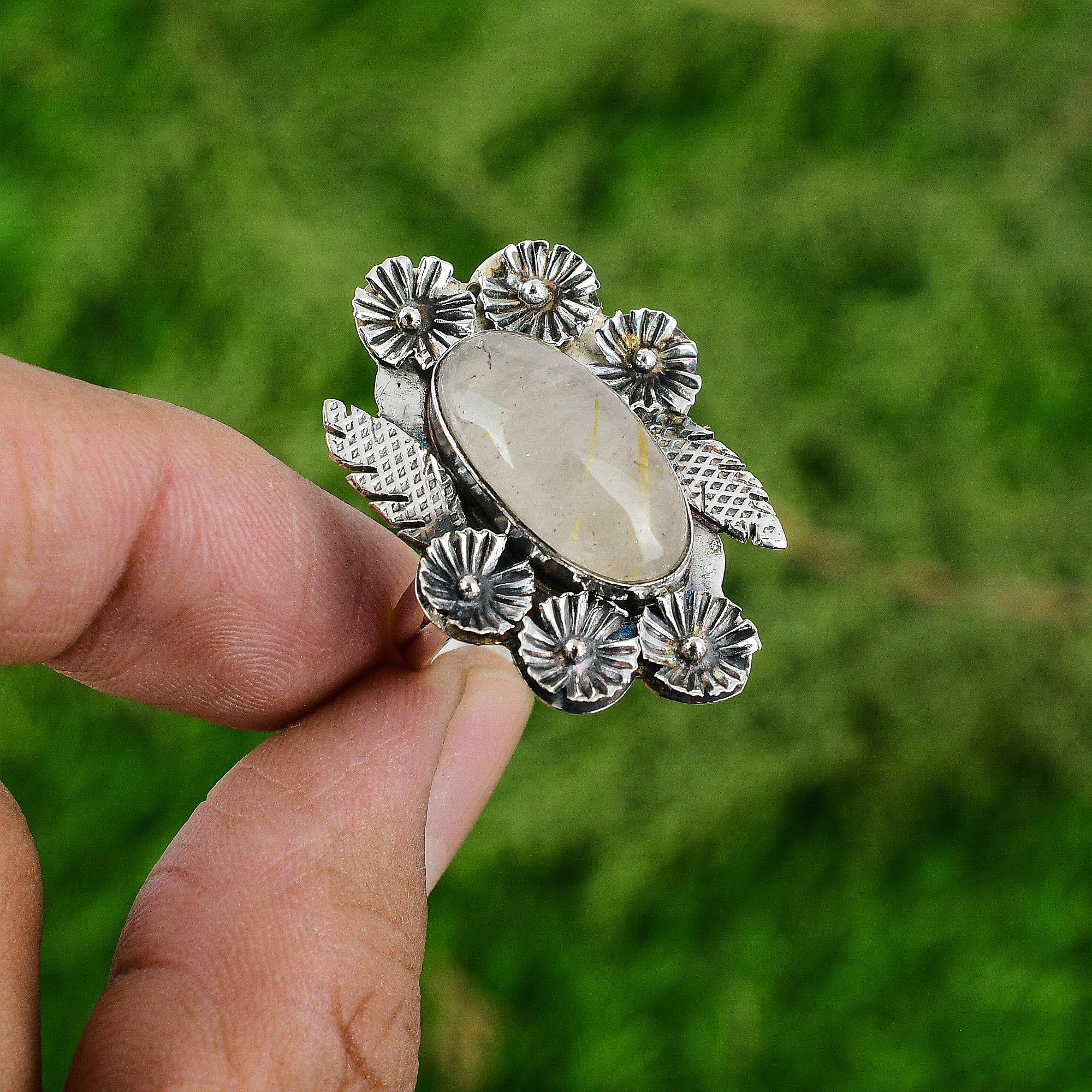 Gift For Her Natural Golden Rutile Multi Stone Flower Adjustable Ring 925 Silver