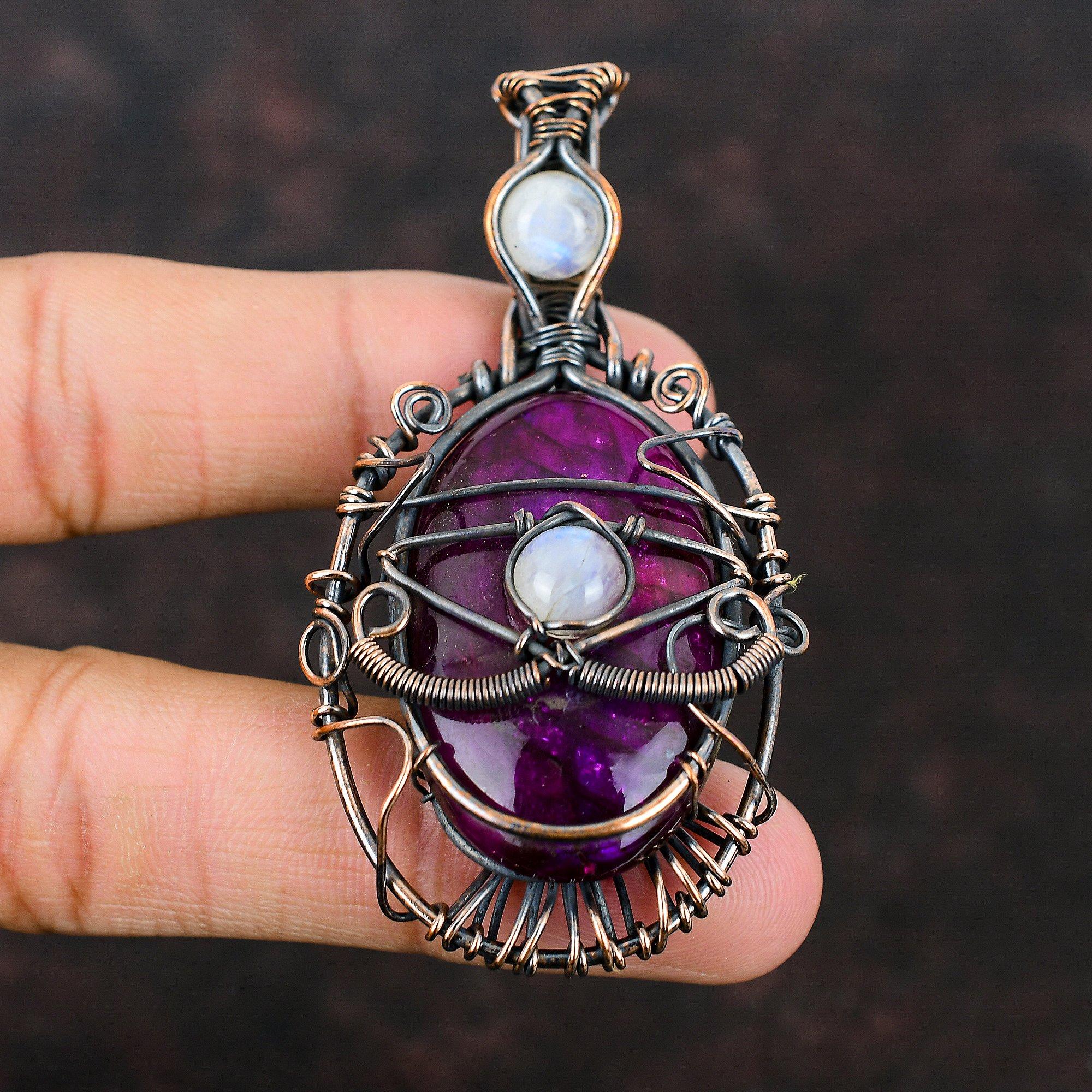 Медный кулон с розовым огненным лабрадоритом, медная проволока, обернутая драгоценным камнем, медные ювелирные изделия, дизайнерский кулон с лунным камнем для женщин