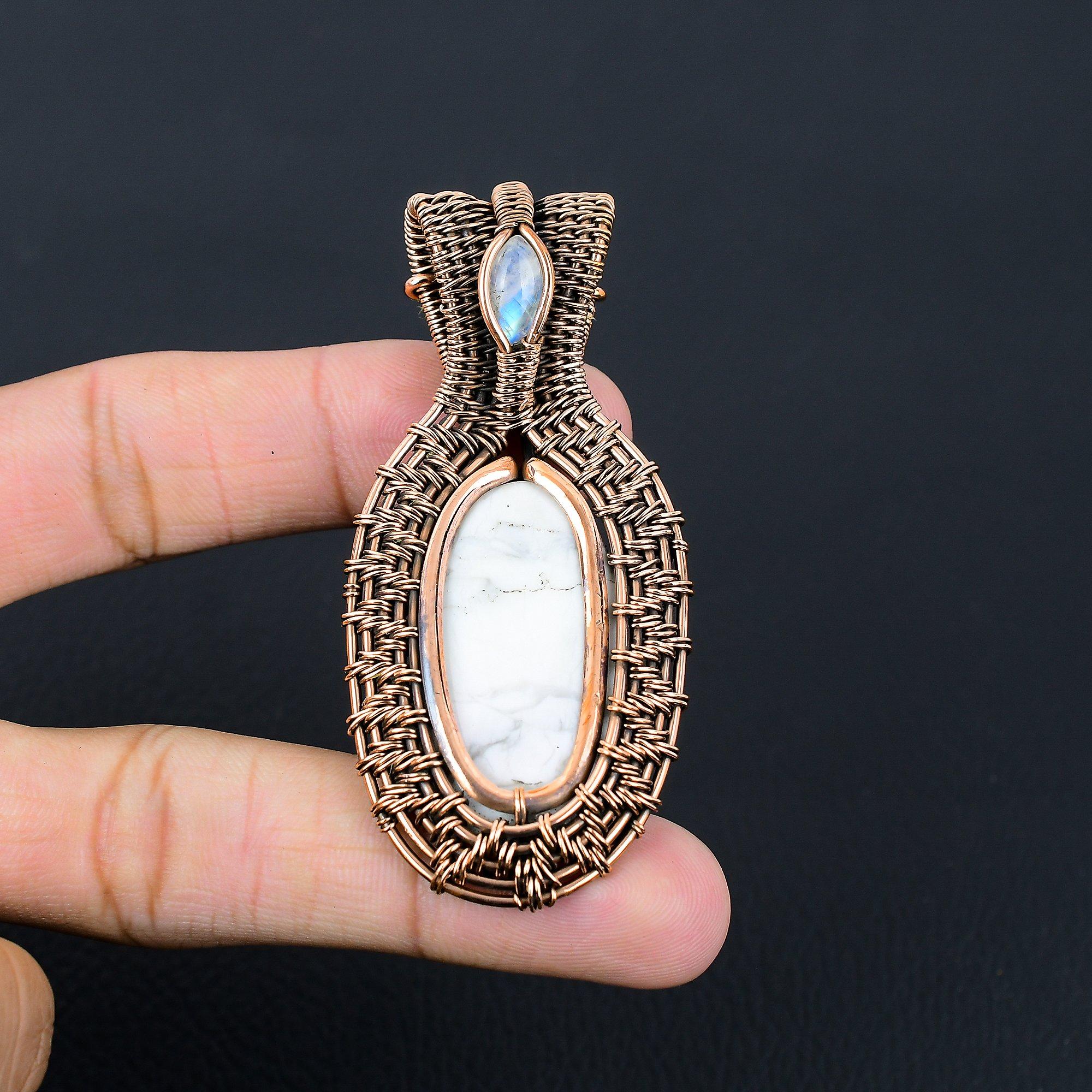 Unique Howlite & Moonstone Gemstone Handmade Jewelry Pure Copper Wire Wrap Pendant