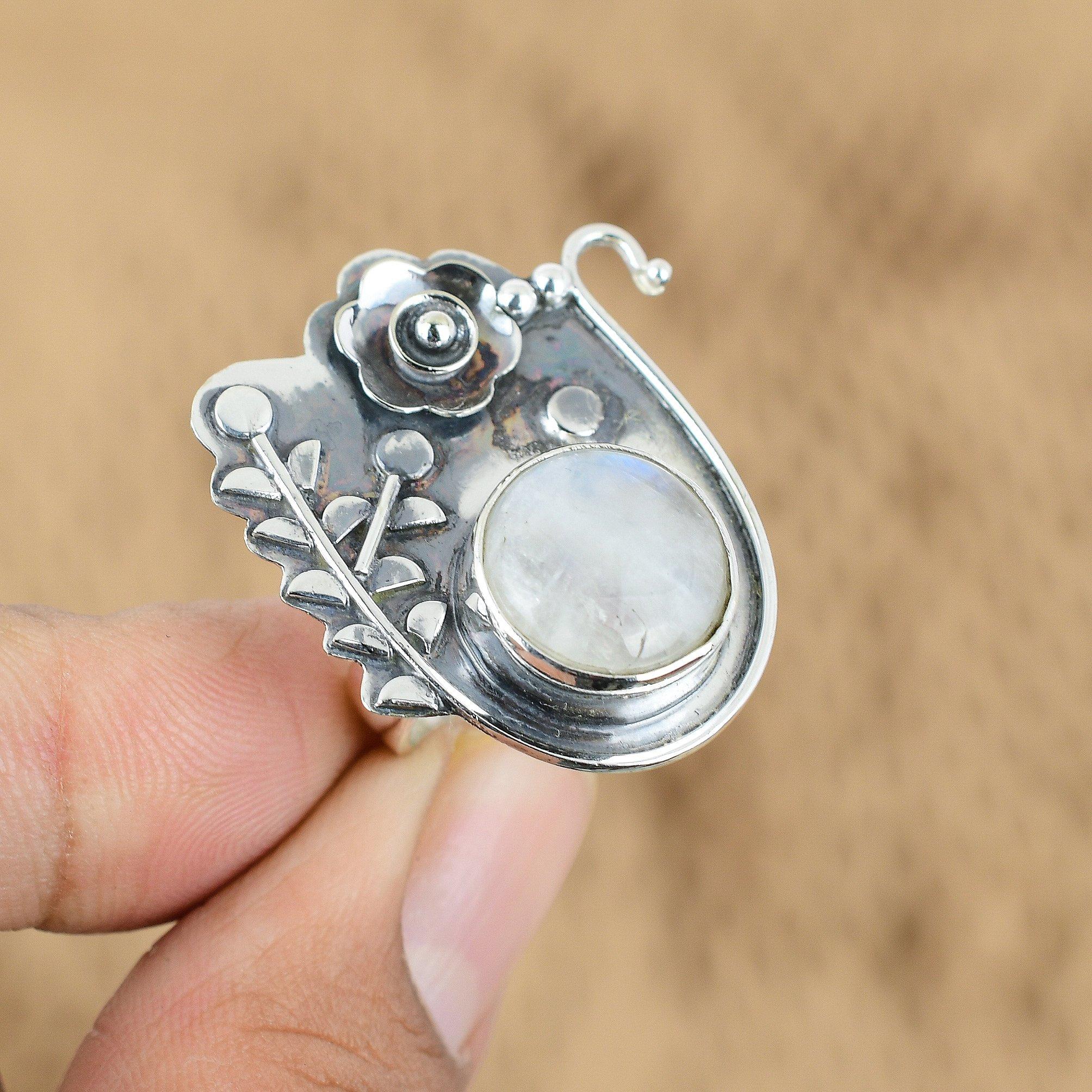 Mothers day Sale Rainbow Moonstone Stone 925 Silver Promise Flower Ring Jewelry