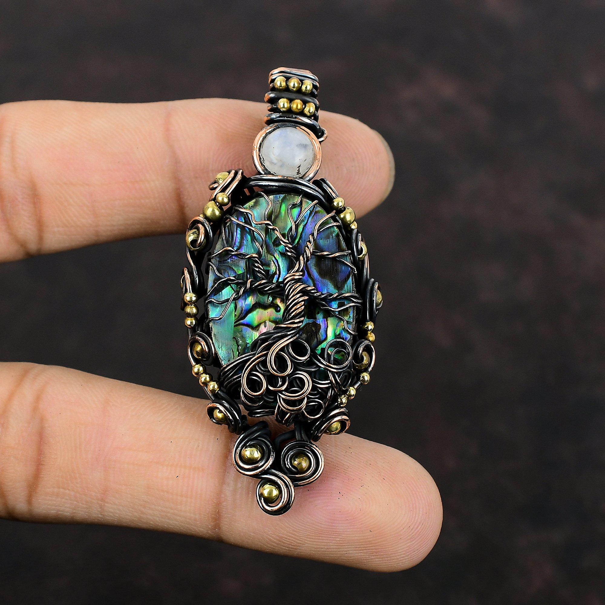 Древо жизни Подвеска из ракушки морского ушка Медная проволока Подвеска Радужная подвеска из лунного камня Драгоценный камень Подвеска ручной работы Медные украшения для подарка