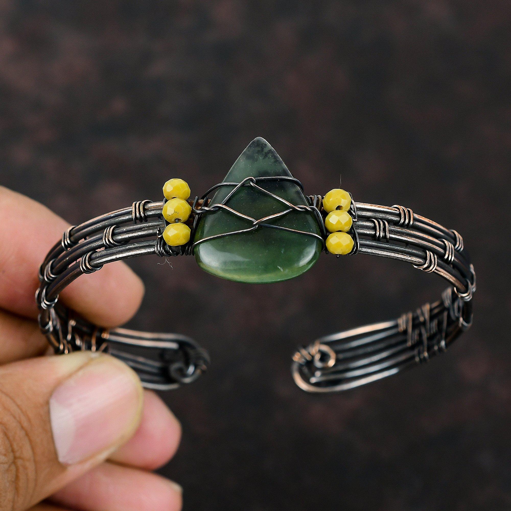 Браслет-манжета из зеленого нефрита, браслет из желтого коралла, браслет из медной проволоки, ювелирные изделия из медной проволоки, регулируемая манжета, браслет ручной работы, подарок для нее