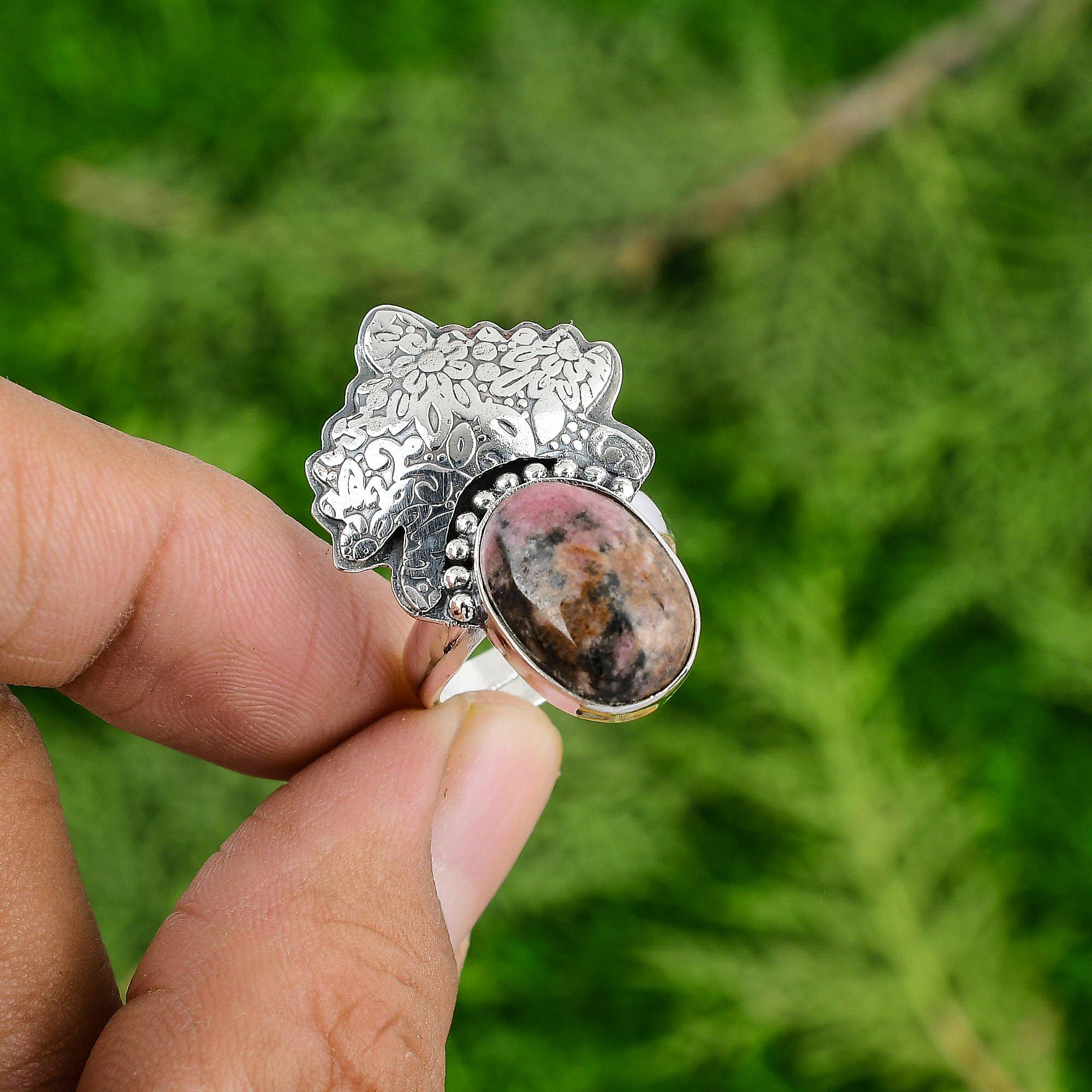 925 Sterling Silver Oval Rhodonite Stone Anniversary Statement Sister Boho Ring