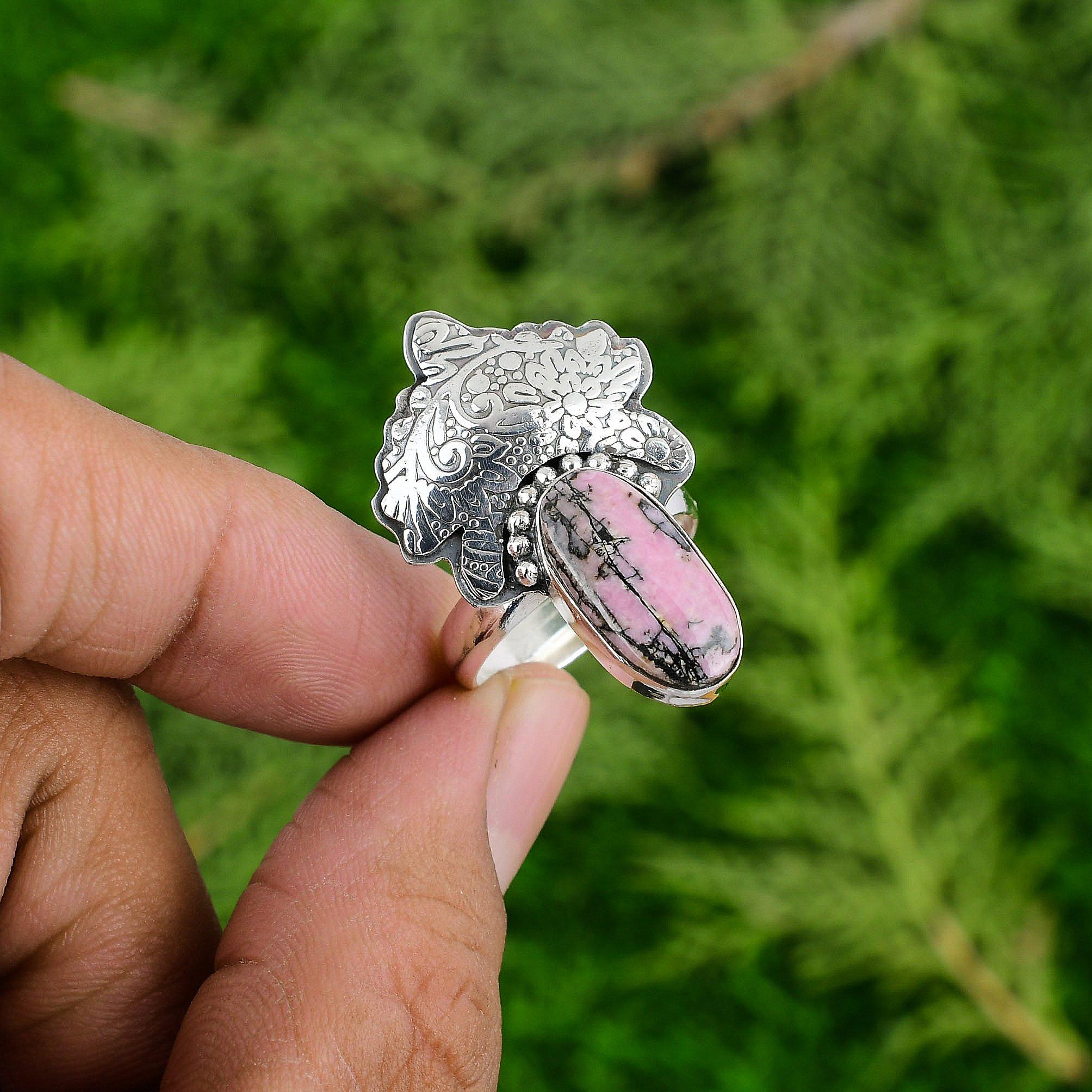 925 Sterling Silver Natural Rhodonite Art Deco Multi Stone Promise Ring Jewelry