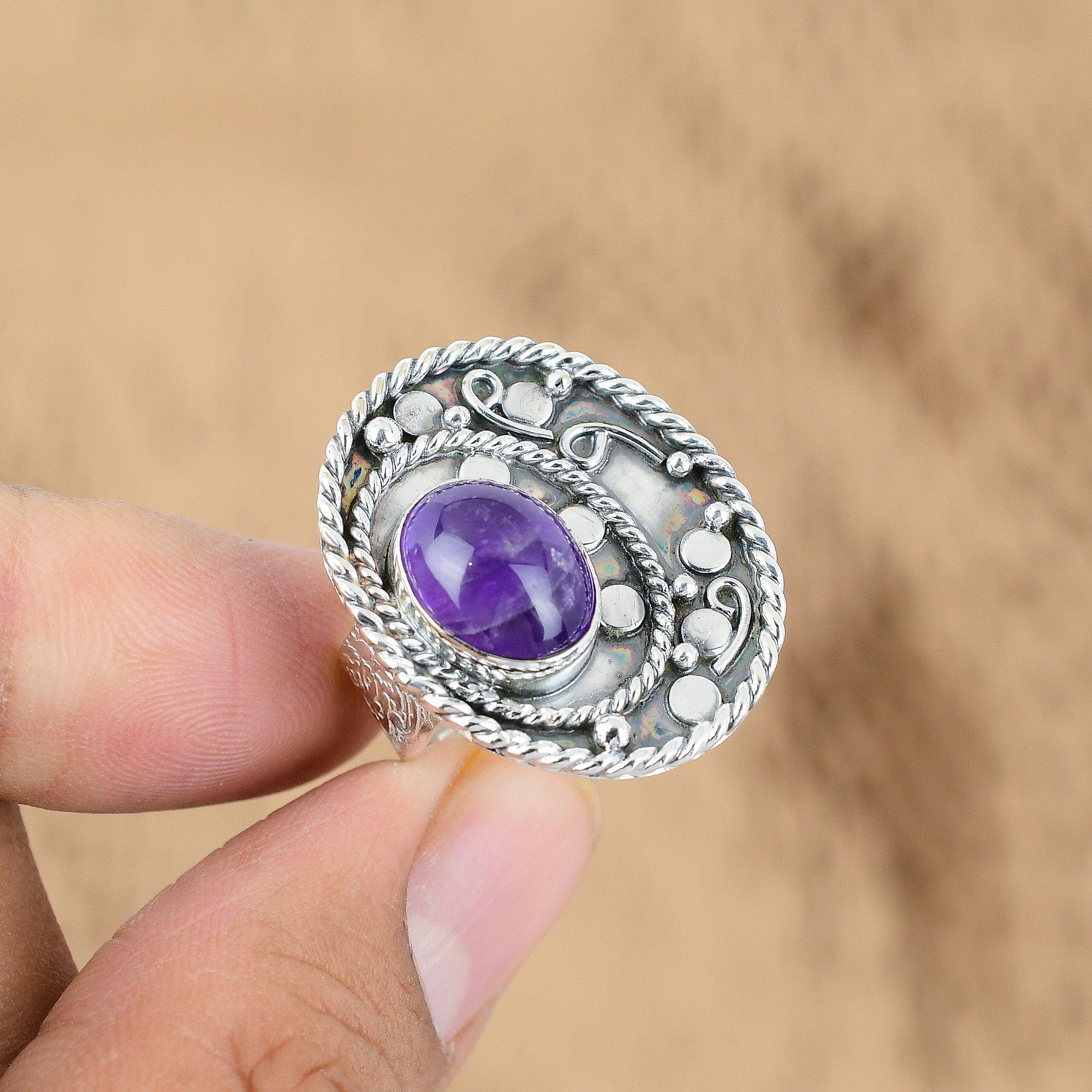 Natural African Amethyst Gemstone Promise Adjustable Ring 925 Silver For Girls