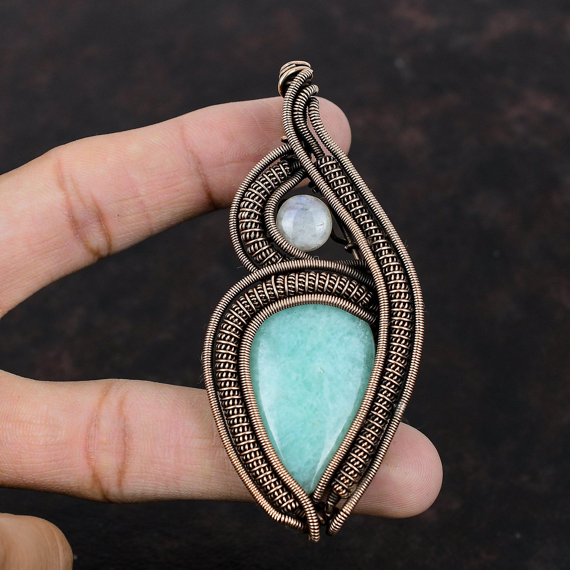 Amazonite Pendant Copper Wire Wrapped Pendant Moonstone Jewelry Handmade Designer Pendant Gemstone Pendant Copper Wire Jewelry Wedding Gift