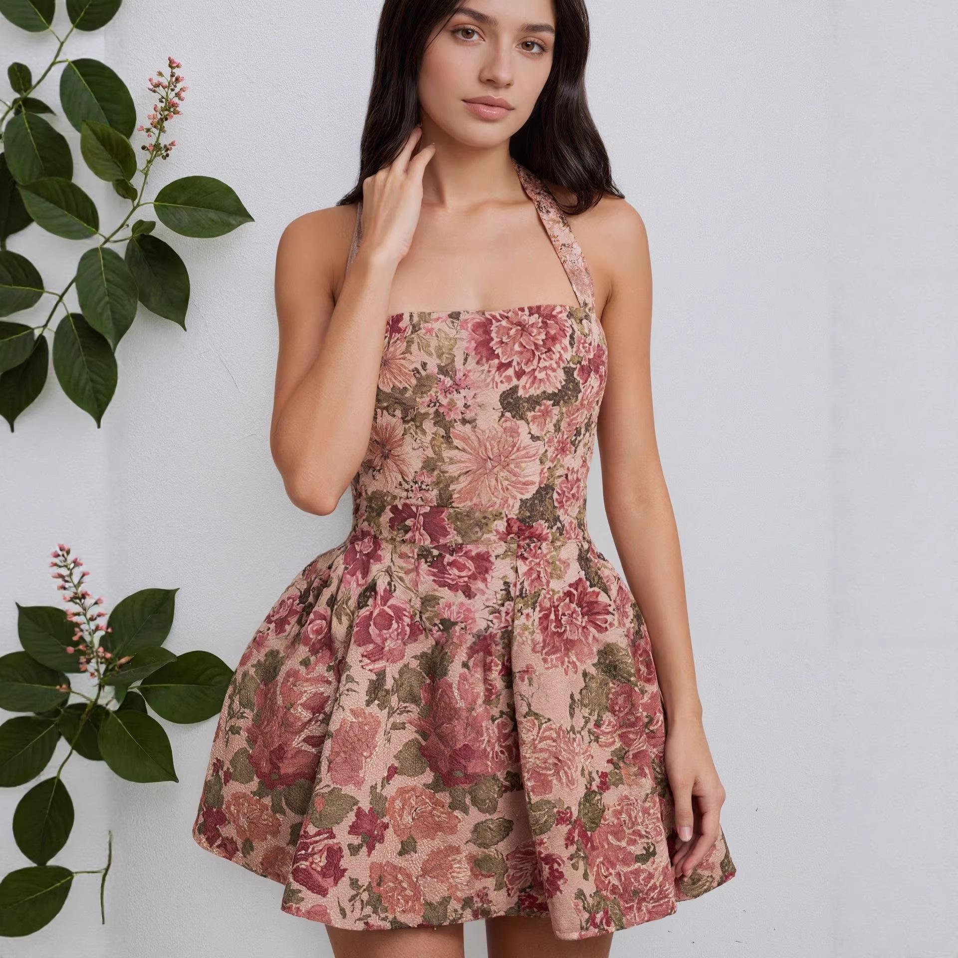 Women Halter Square Neck Floral Jacquard Mini Dress Backless High Waist Flared Skirt Elegant Slim Fit Summer Party Club Cocktail Short Sundress