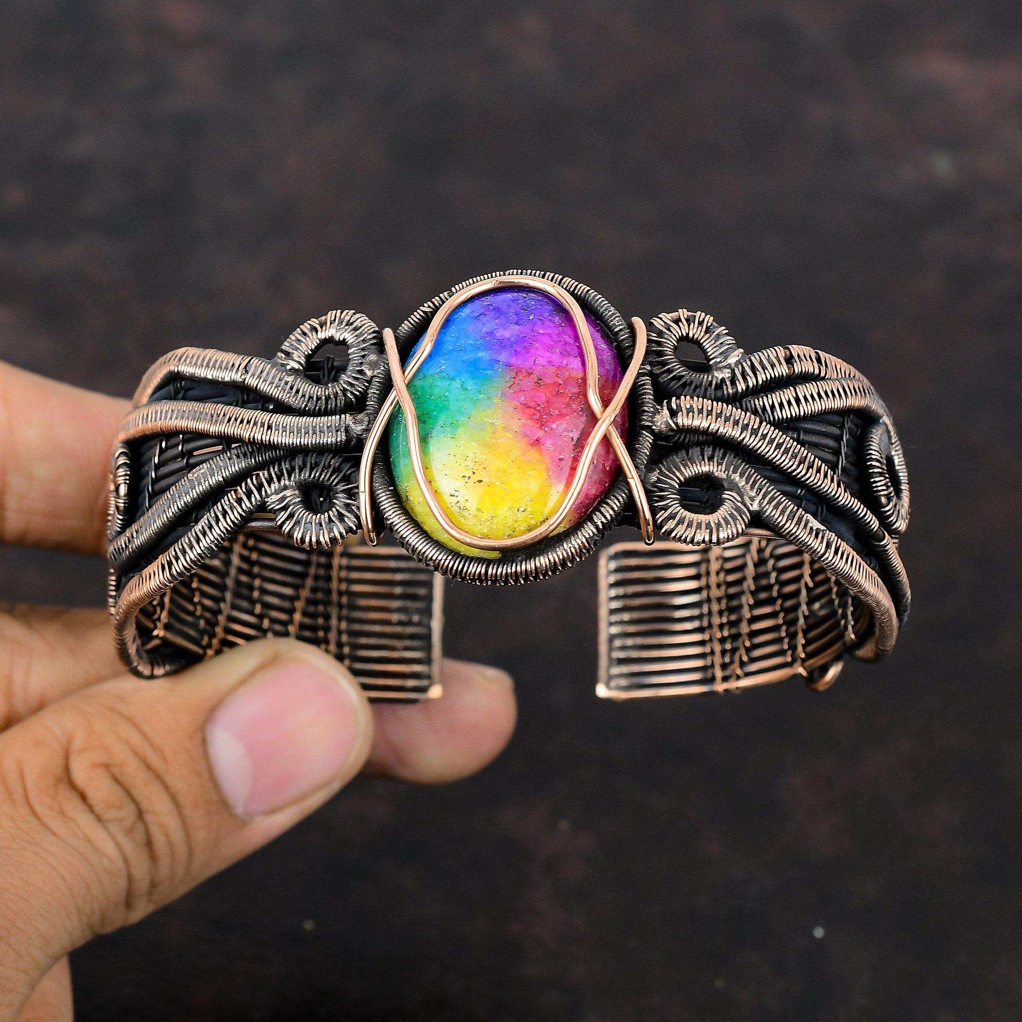 Rainbow Solar Quartz Druzy Bangle Copper Wire Wrapped Gemstone Cuff Bracelet Adjustable Bangle Handmade Bracelet Copper Jewelry Gift For Mom