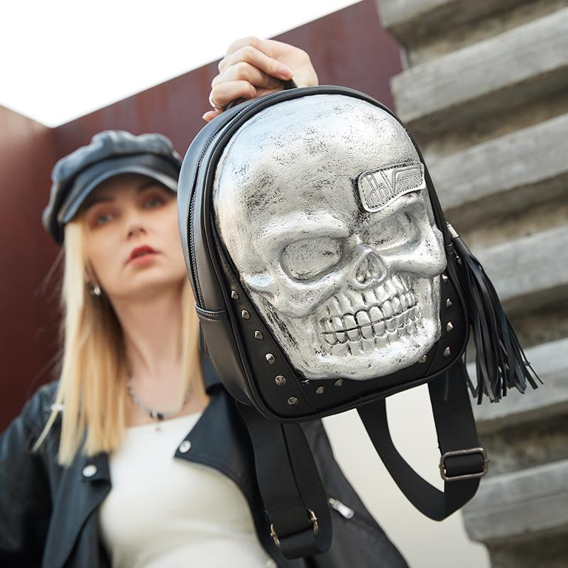 Jierotyx Goth Skull Motorcycle Backpacks for Women Men Vintage Tassel Bookbag Travel Laptop Backpack Daypack for College