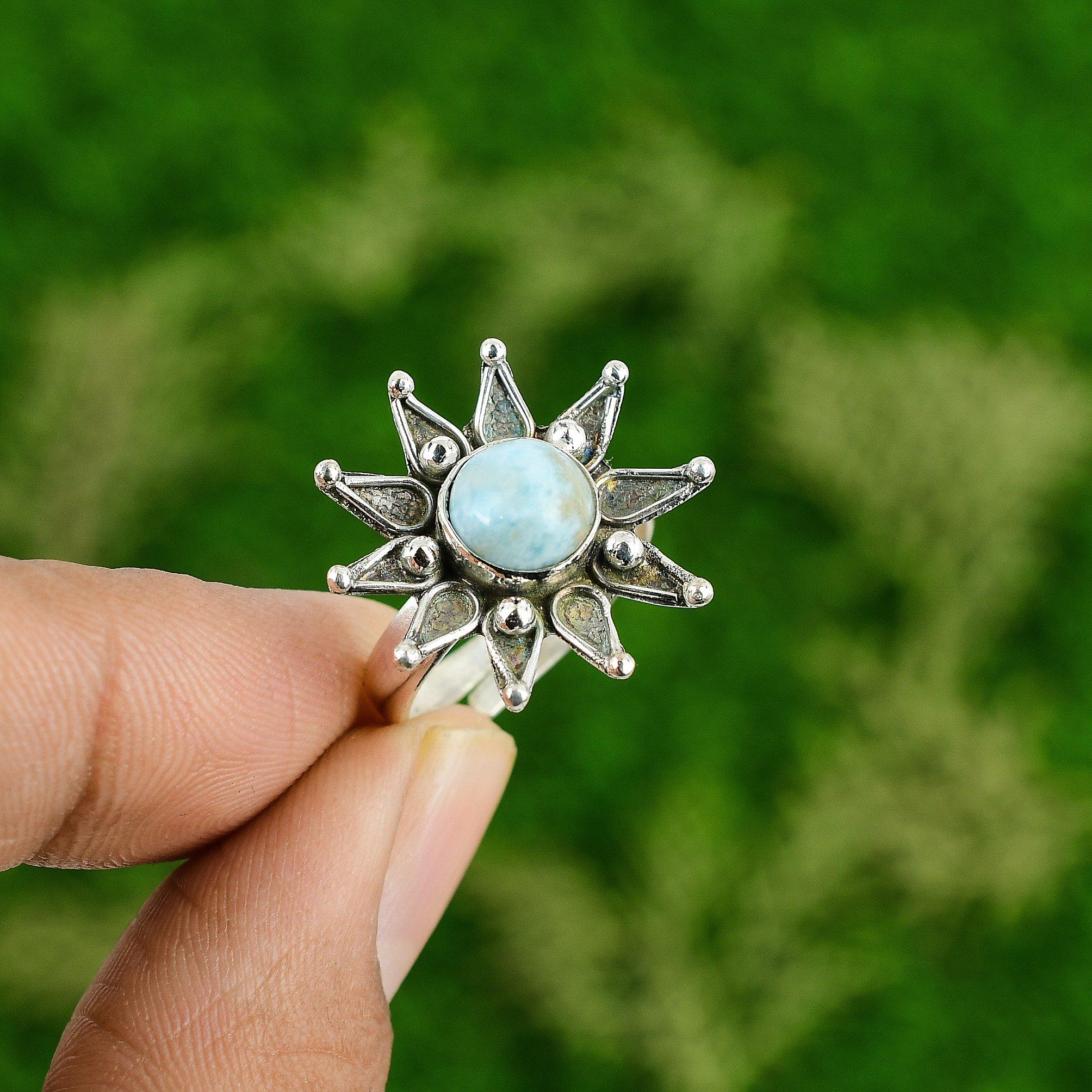 Womens Day Deal 925 Silver Larimar Stone Promise Bezel Flower Boho Ring Jewelry