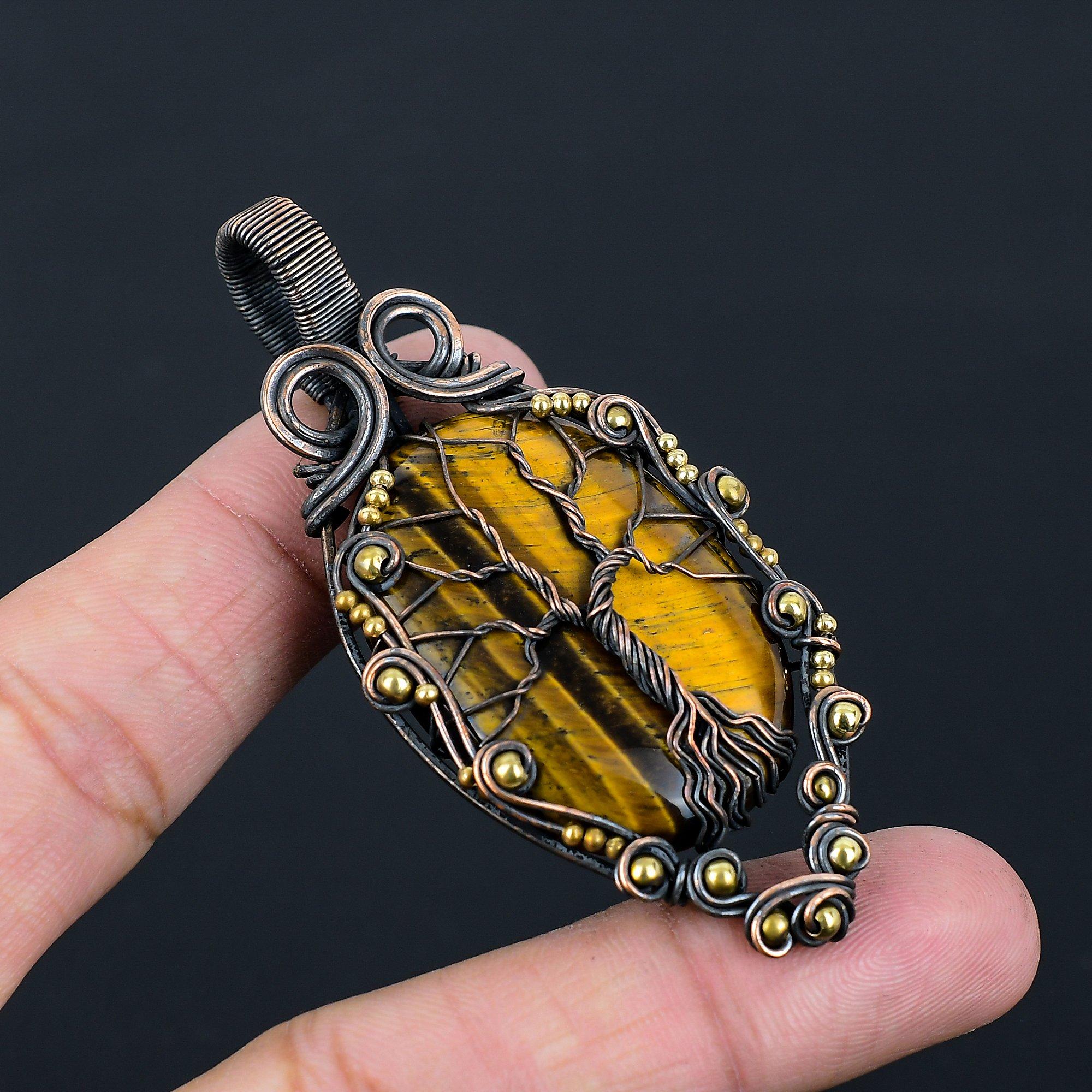 Древо жизни Тигровый глаз Драгоценный камень Чистая медная проволока Обернутая подвеска ручной работы Ювелирные изделия