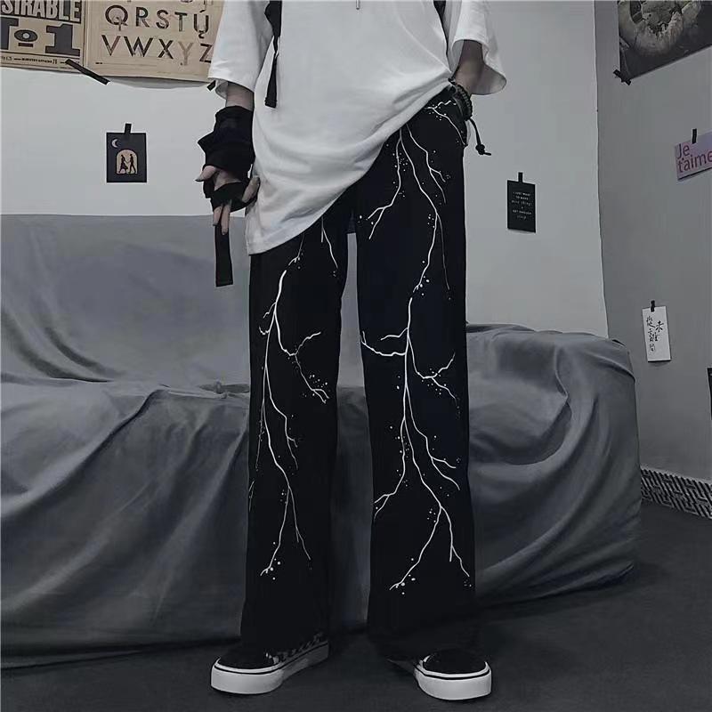 Lightning Skeleton Print Gothic Pants Men Loose Casual Wide Leg Trousers High Street Cool Sweatpants Couple Streetwear