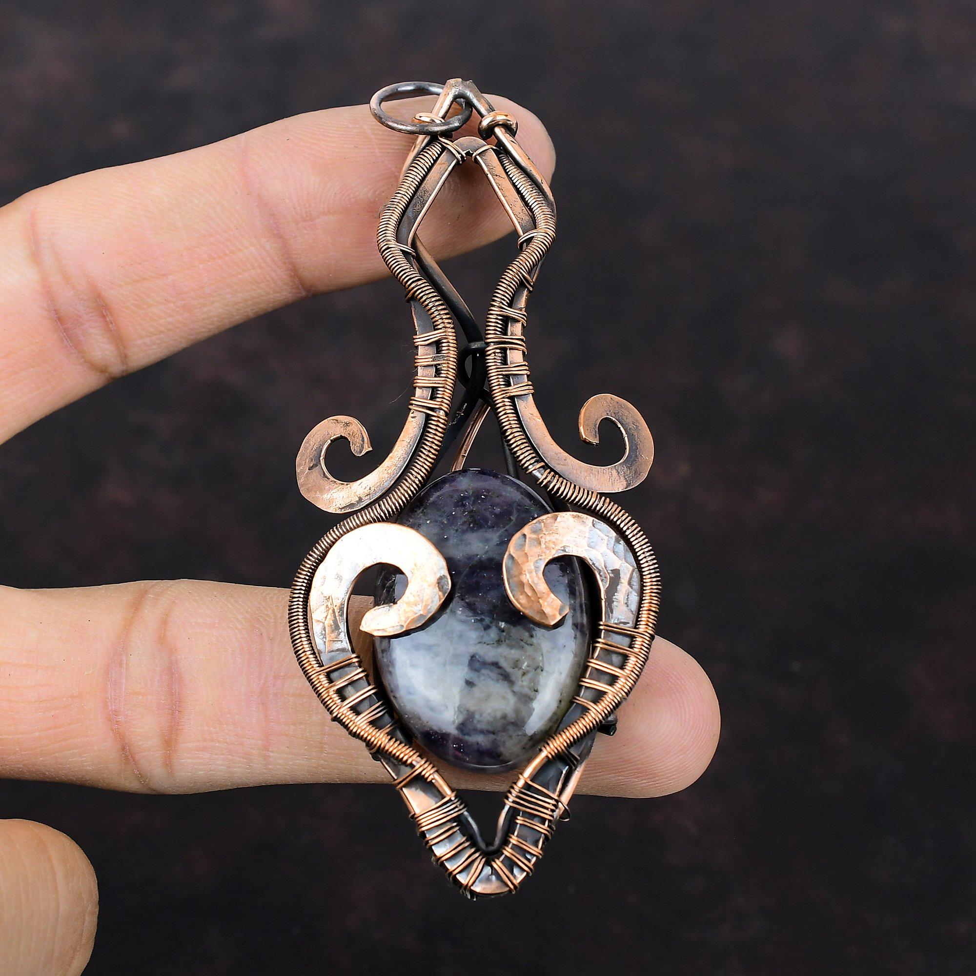 Кулон из иолита с солнечным камнем, медная проволока, кулон, драгоценный камень, медные украшения, новейший дизайн, кулон ручной работы, ювелирное изделие, подарок для мамы