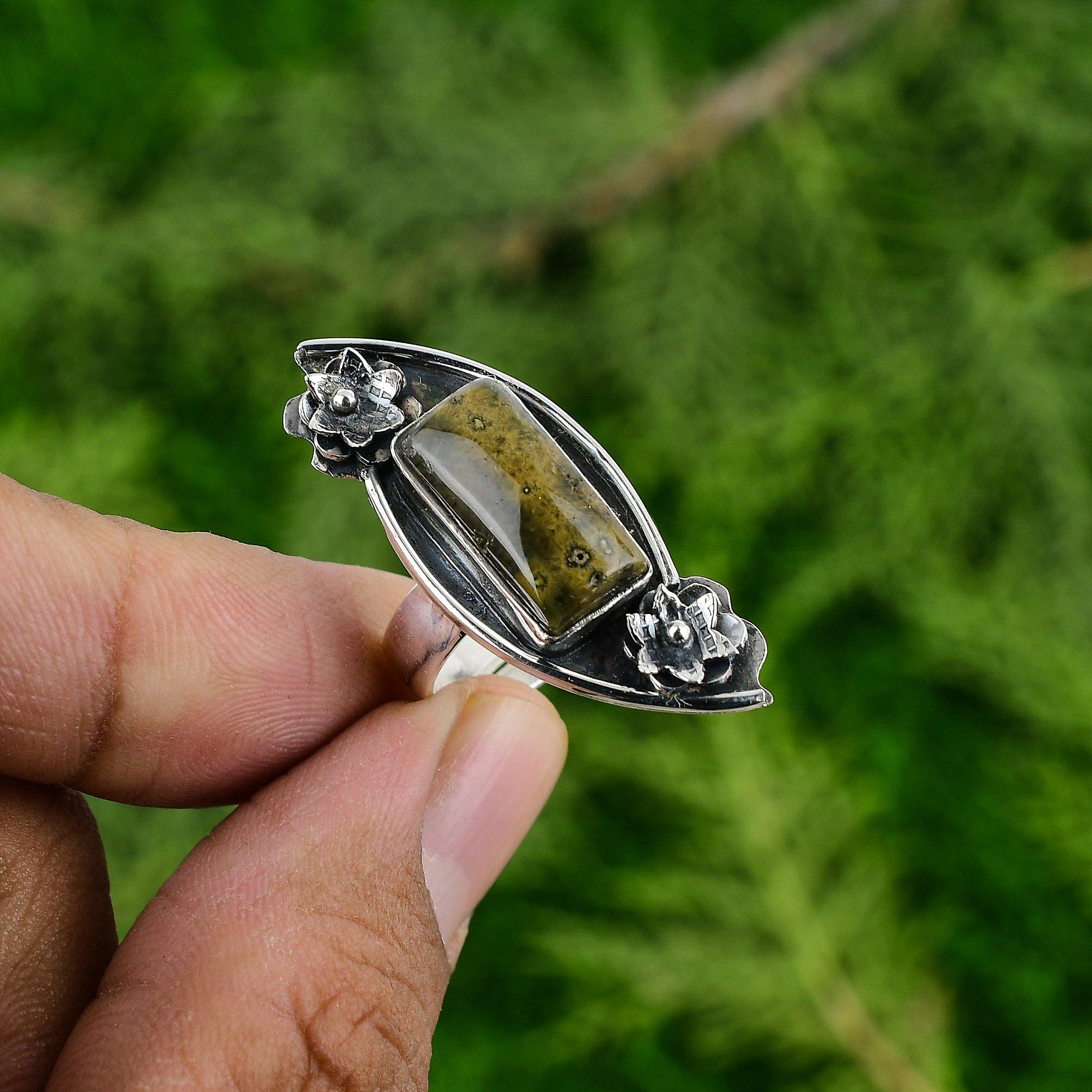 Натуральный Океанический Яшма Заявление Цветок Регулируемое Кольцо Серебро 925 пробы Для Женщин