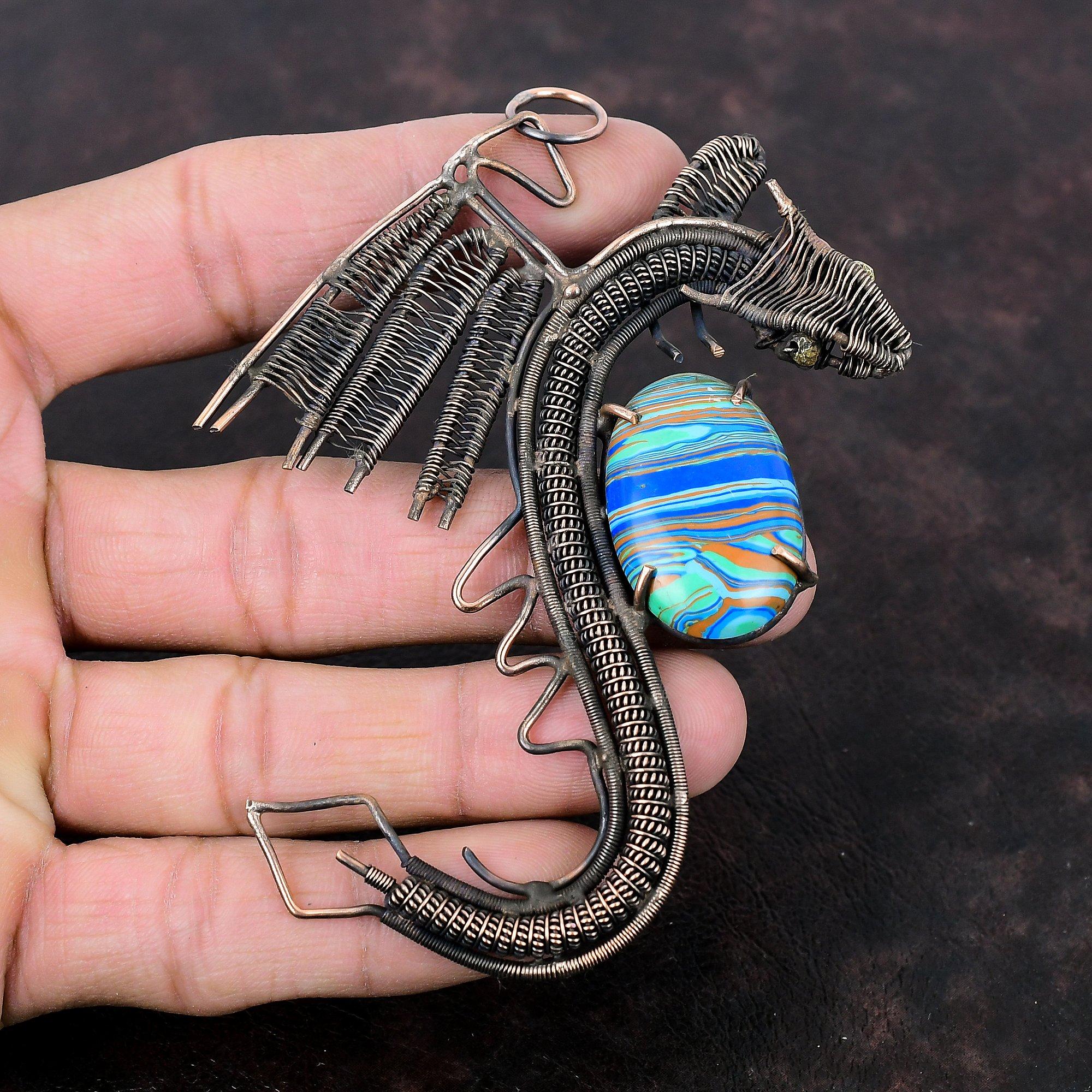Rainbow Calsilica Pendant Copper Wire Wrapped Pendant Dragon Pendant Gemstone Copper Jewelry Gift For Women Handmade Jewelry Stylish Pendant