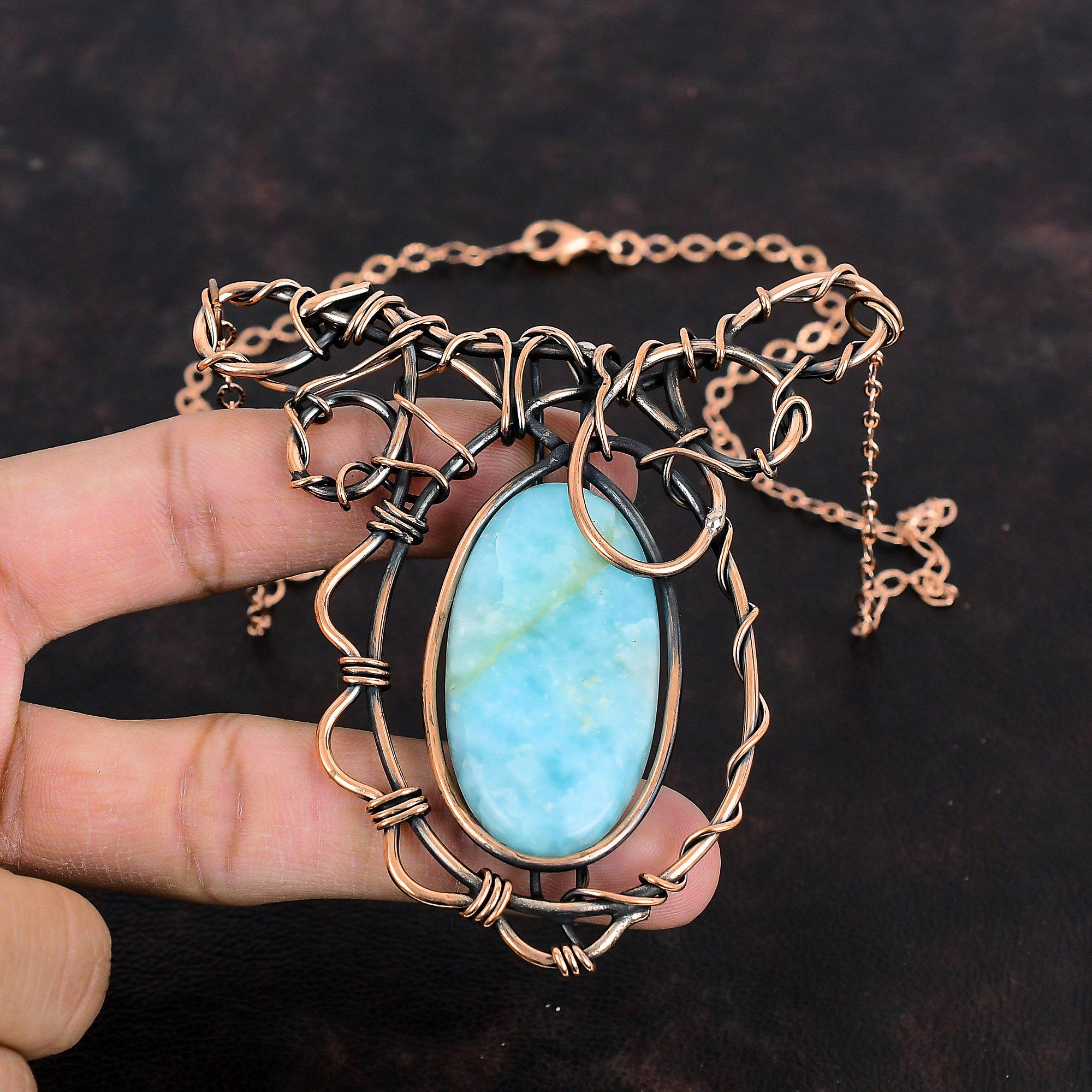 Ожерелье из гемиморфита, обернутое медной проволокой, ожерелье с драгоценным камнем, регулируемое ожерелье, медные украшения ручной работы, подарки для нее, украшения из гемиморфита