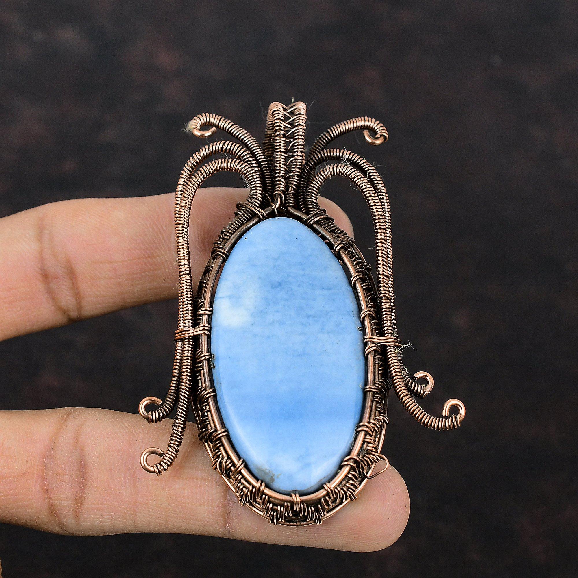Подвеска Owyhee с синим опалом и драгоценным камнем, медная проволока, кулон ручной работы, ювелирные изделия из проволочной обмотки, стильный кулон, подарок для нее, медные украшения